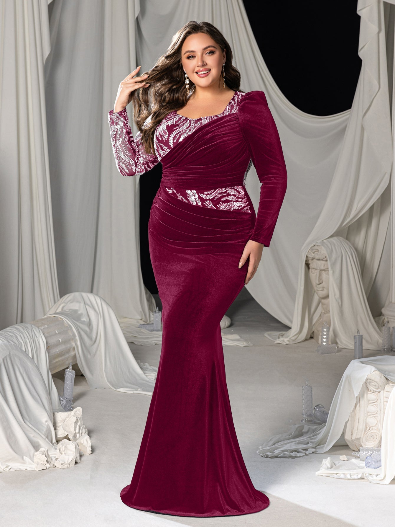 Plus Velvet Mermaid Gown with Sweetheart Neckline, Long Sleeves and Sequins Embroidery