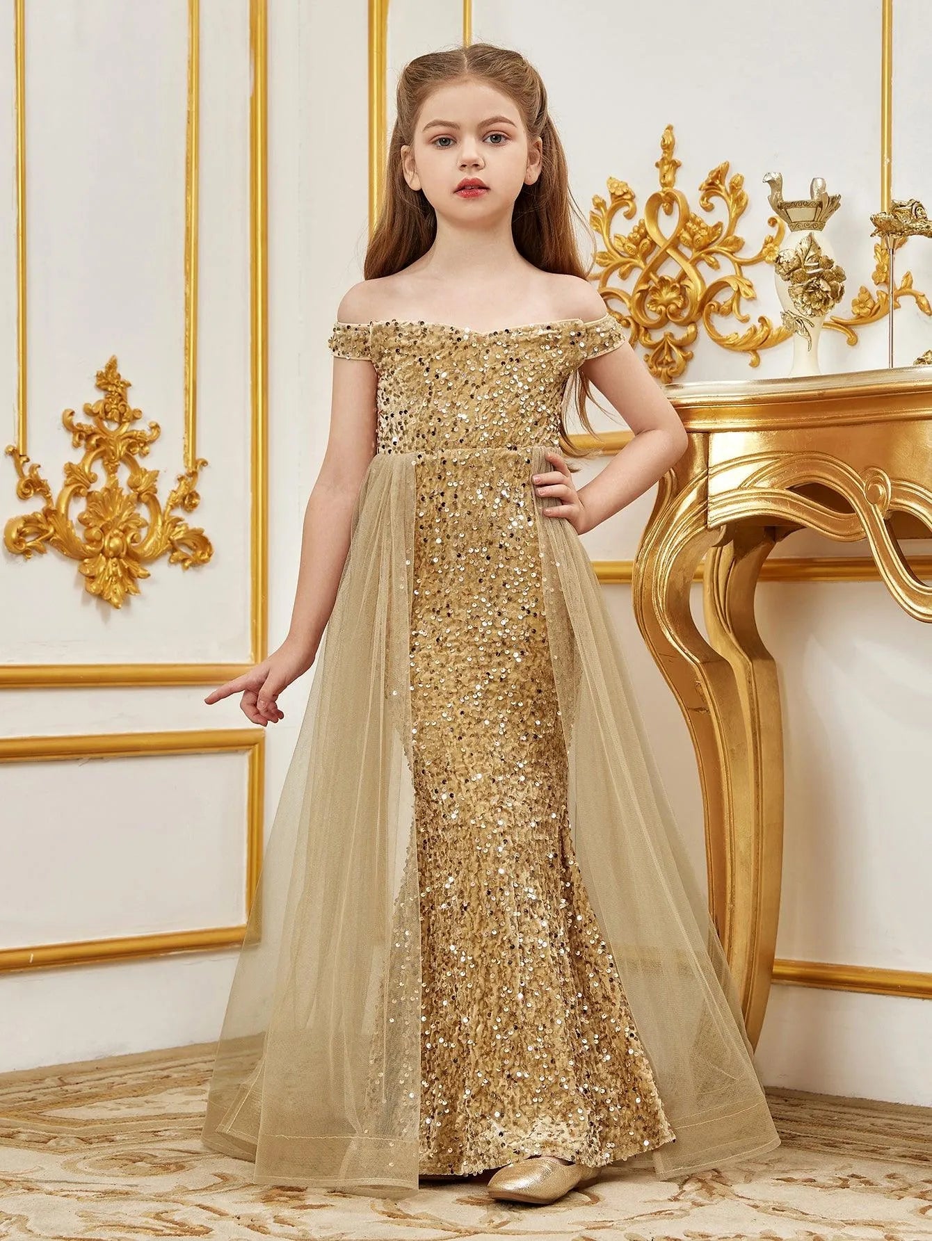 Tween Girls' Off Shoulder Mesh Overlay Sequined Prom Dress Dark Green / 11Y