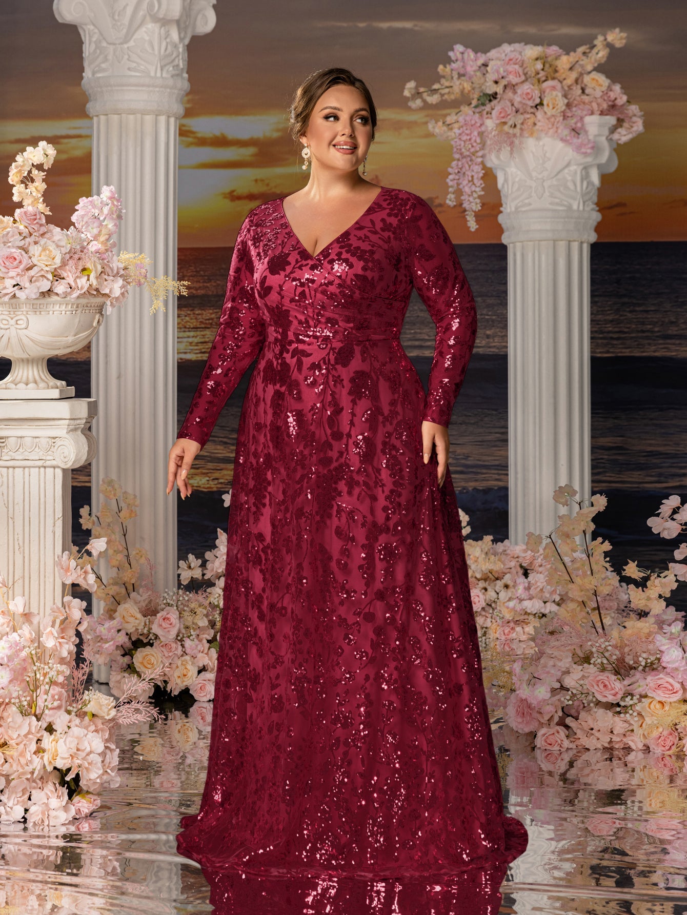 Plus Womens' Elegant V-Neck Evening Gown with Delicate Lace & Silver Embroidery – Long Flowing Skirt for Seaside Weddings & Romantic Beach Events