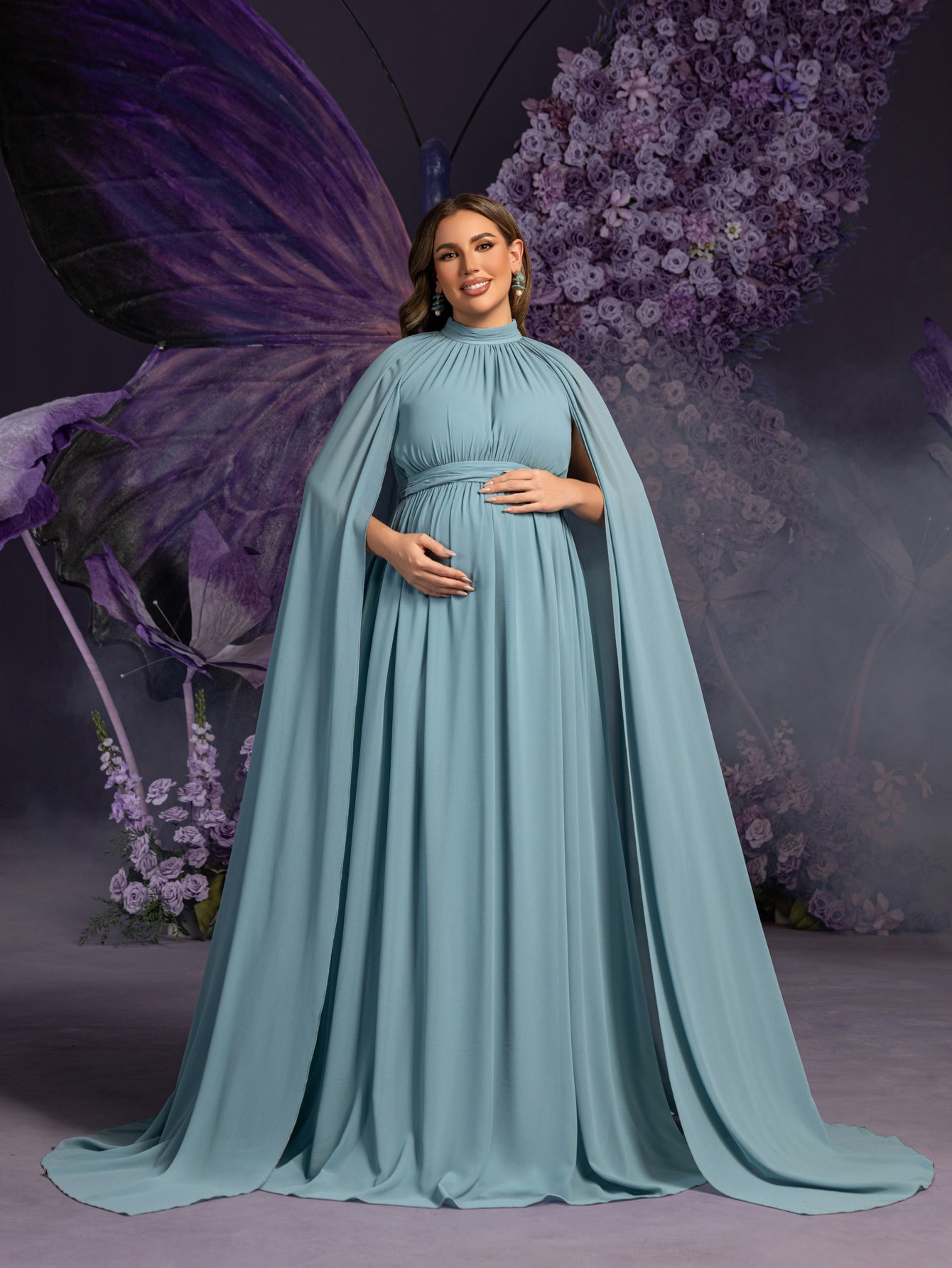 Plus Maternity  Mock Neck Cape Sleeves Chiffon Evening Dress