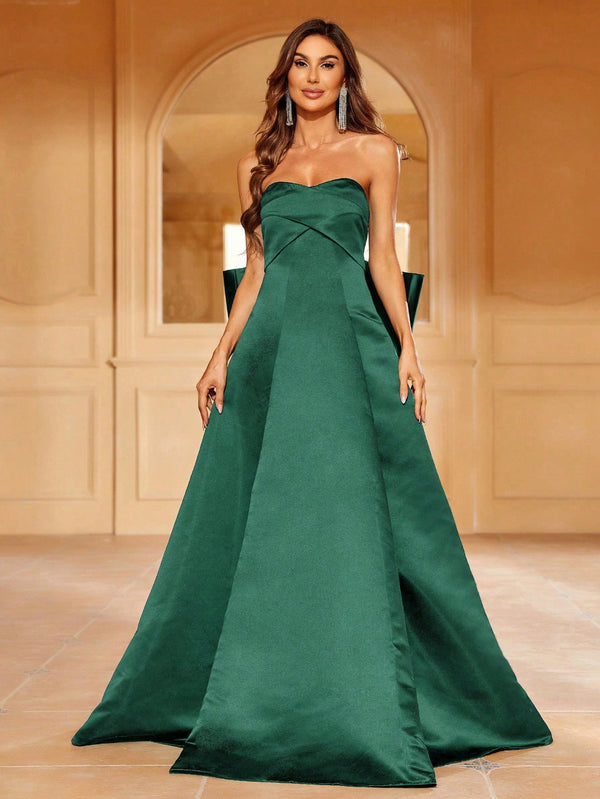 Solid Satin Tube Formal Dress With Big Bow