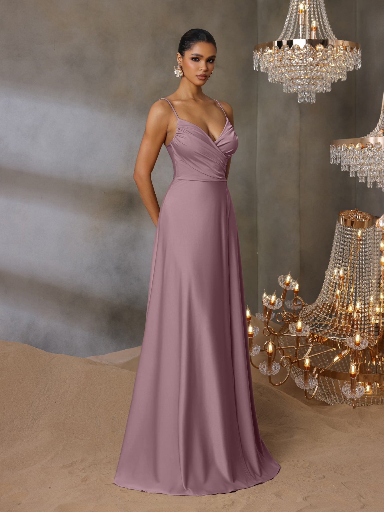 cami bridesmaid dresses Solid V Neck Split Thigh Dress, Khaki / S Offered in an inclusive