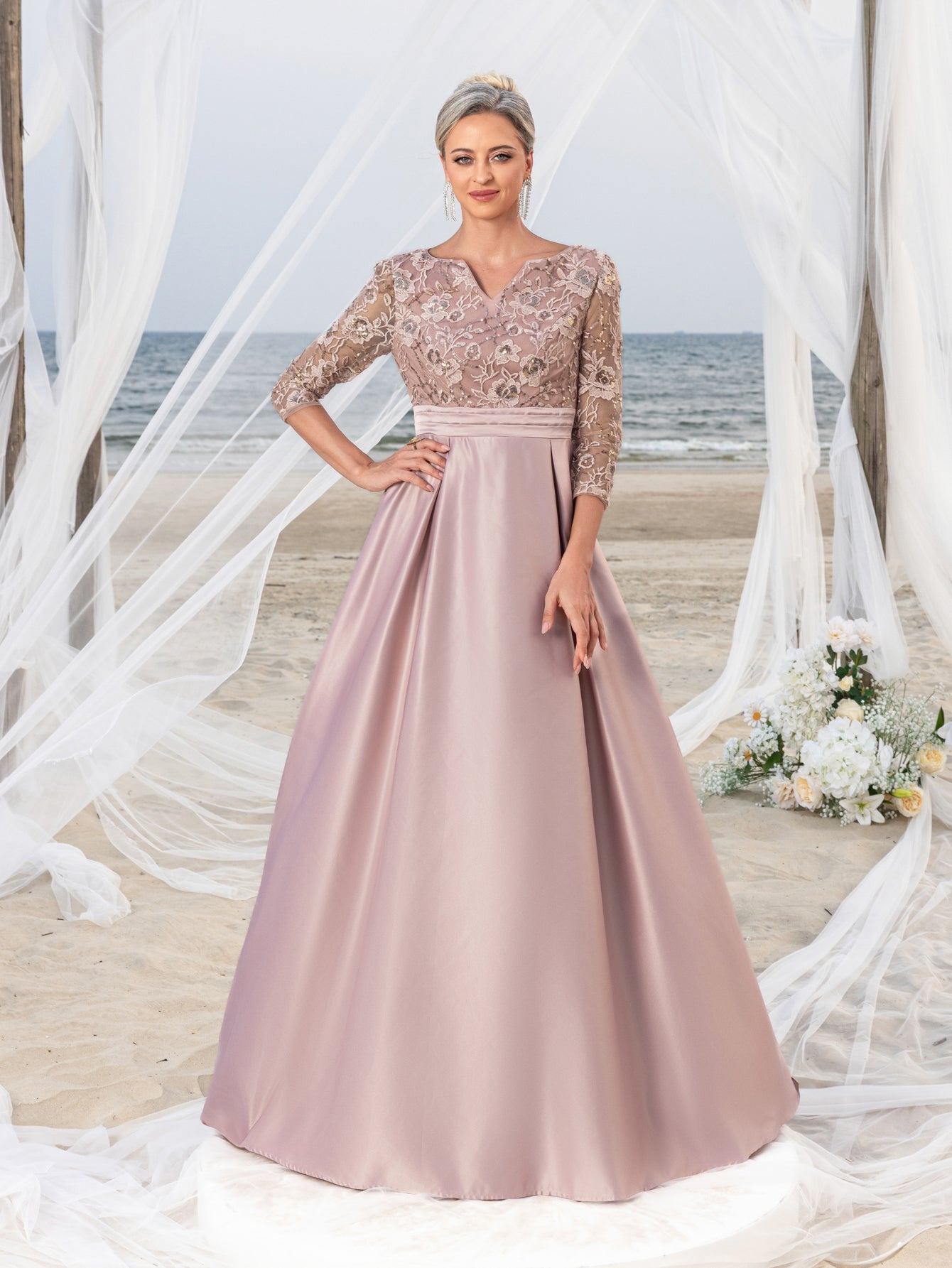 Womens' Glamorous Evening Gown: Allover Sequin-Embroidered Bodice & Satin A-Line Skirt – Elegant Formal Dress for Black-Tie Events