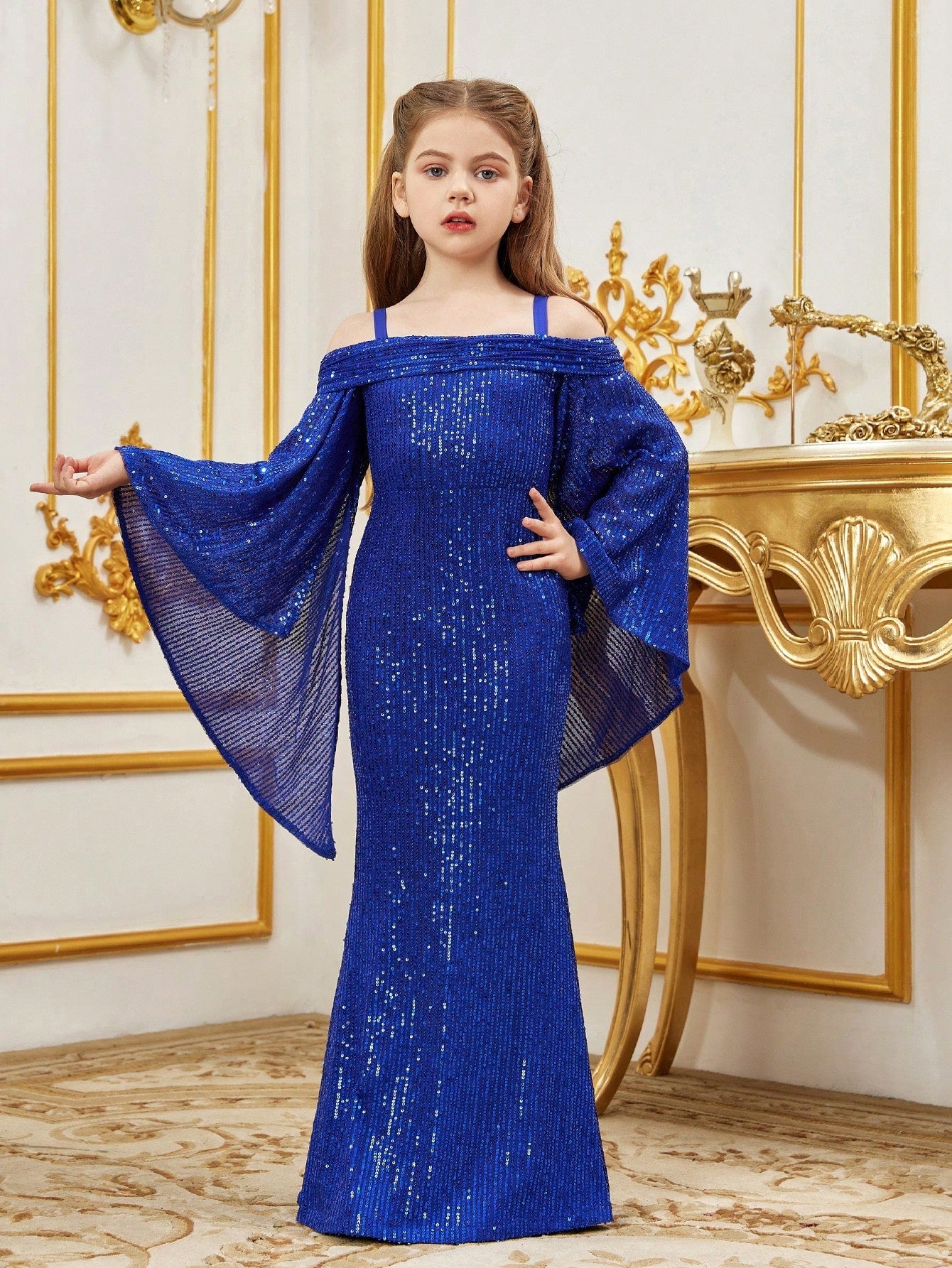 Tween Girls' Cold Shoulder Flare Sleeves Mermaid Hem Sequin Party Dre Royal Blue / 11Y Tween Girls' Cold Shoulder Flare Sleeves Mermaid Hem Sequin Party Dre Royal Blue / 11Y