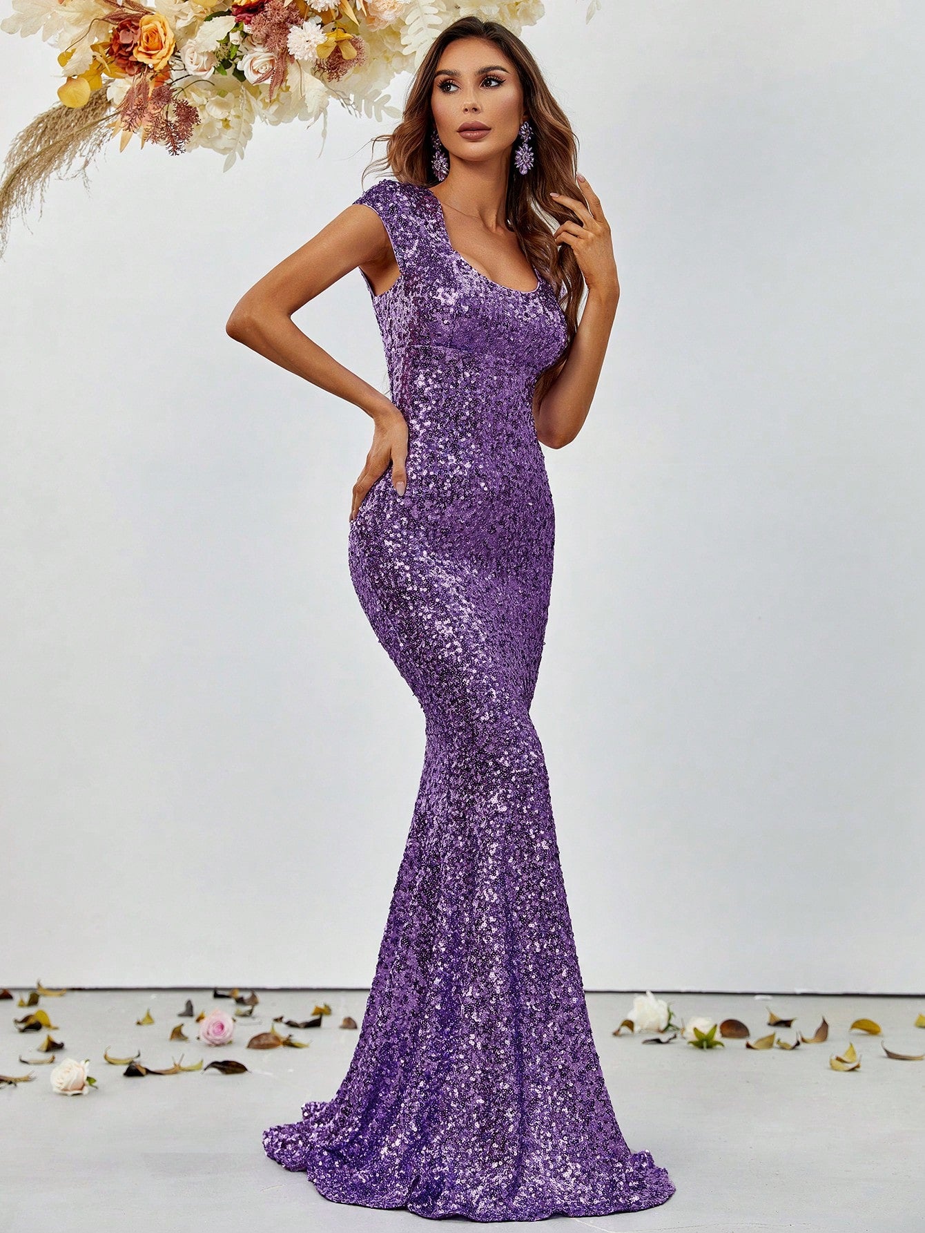 Solid Sequin Mermaid Hem Formal Dress