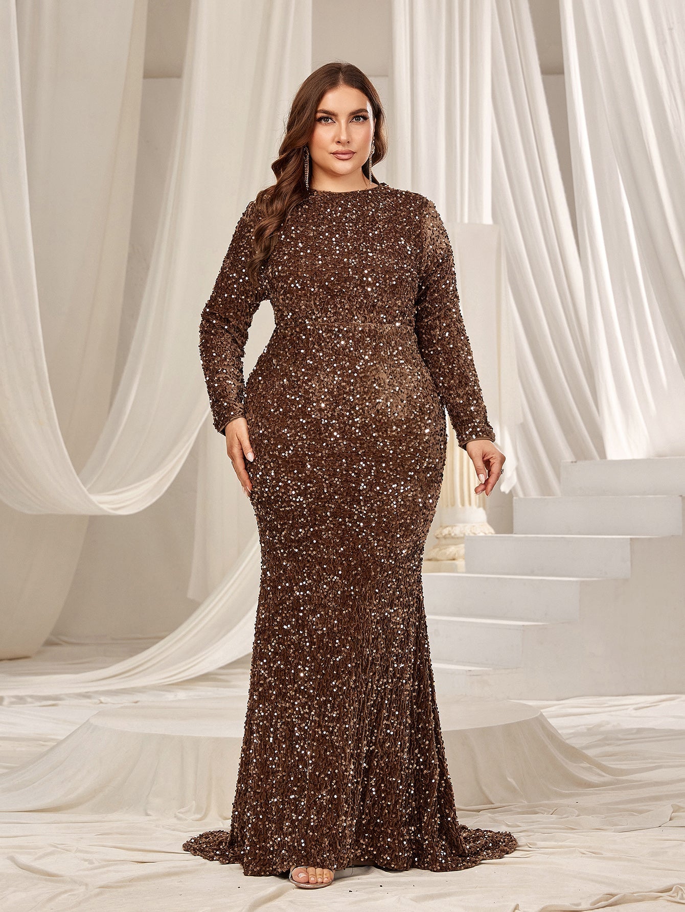 Plus Elegant Maxi Sequin Evening Gown with Mock Neck, Long Sleeves, and Mermaid Fishtail Skirt