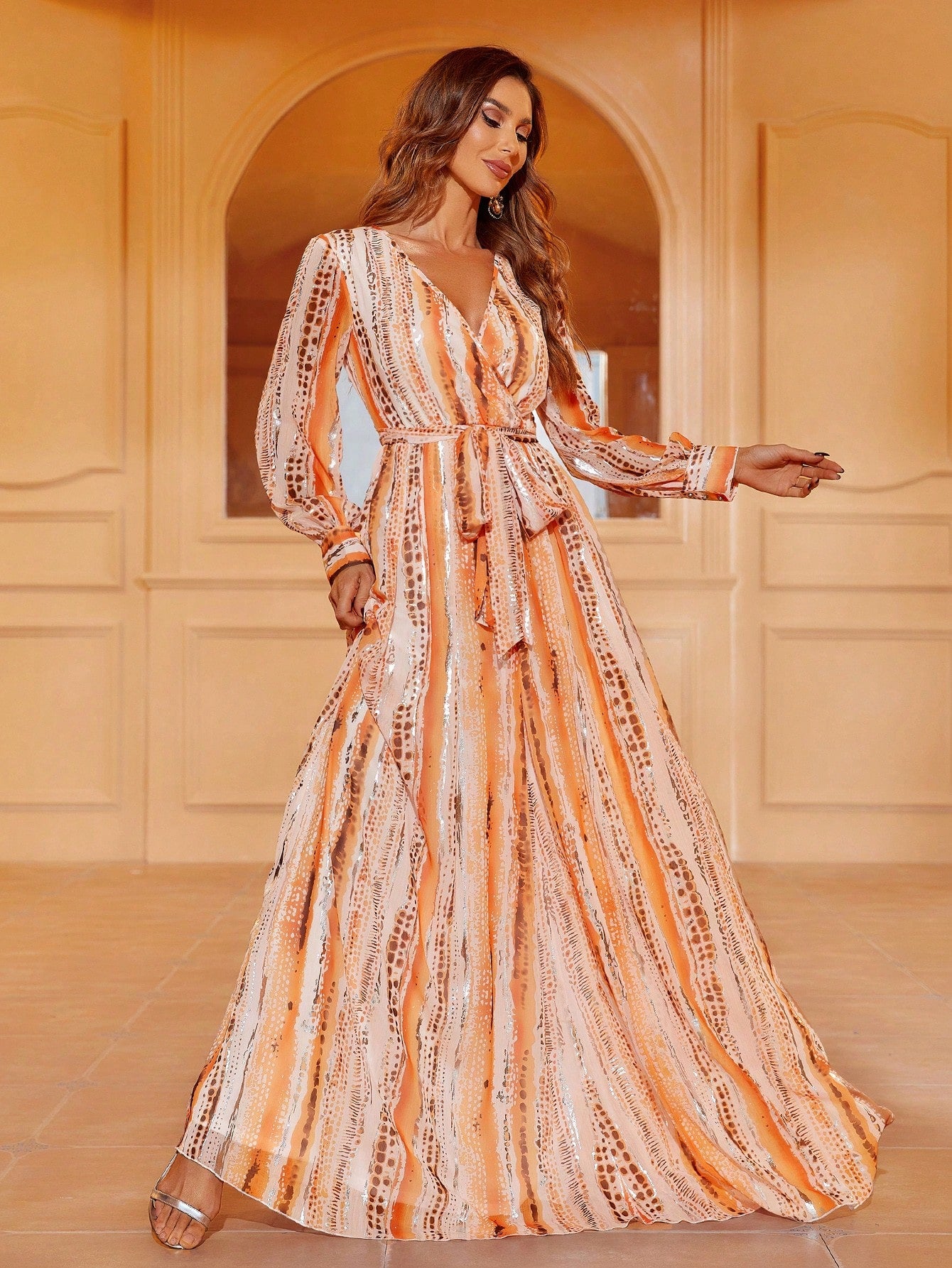 Elegant V Neck Long Sleeve Chiffon Print Dress