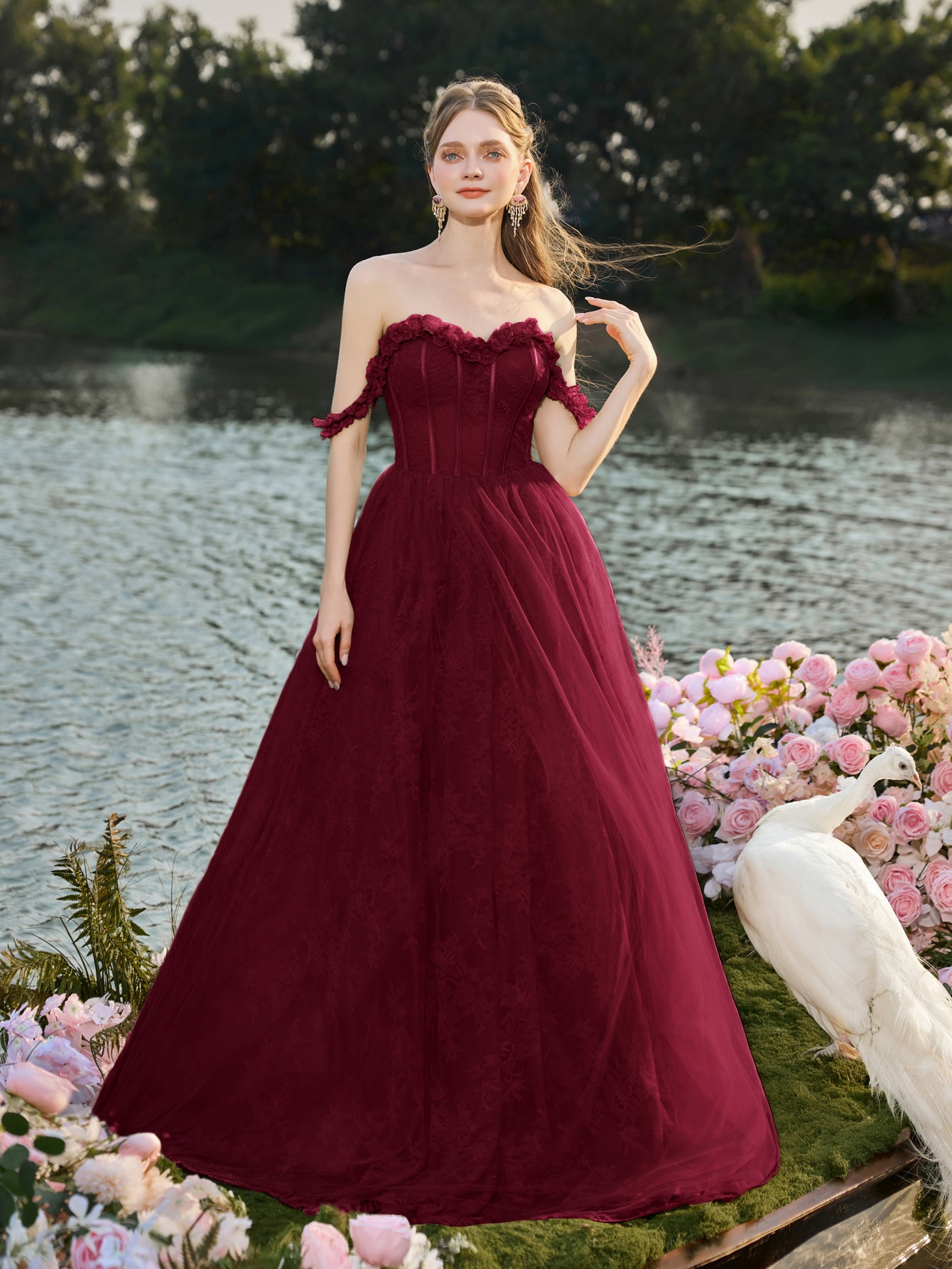 Elegant Off Shoulder Lace Bodice Contrast Tulle Hem Wedding  Dress