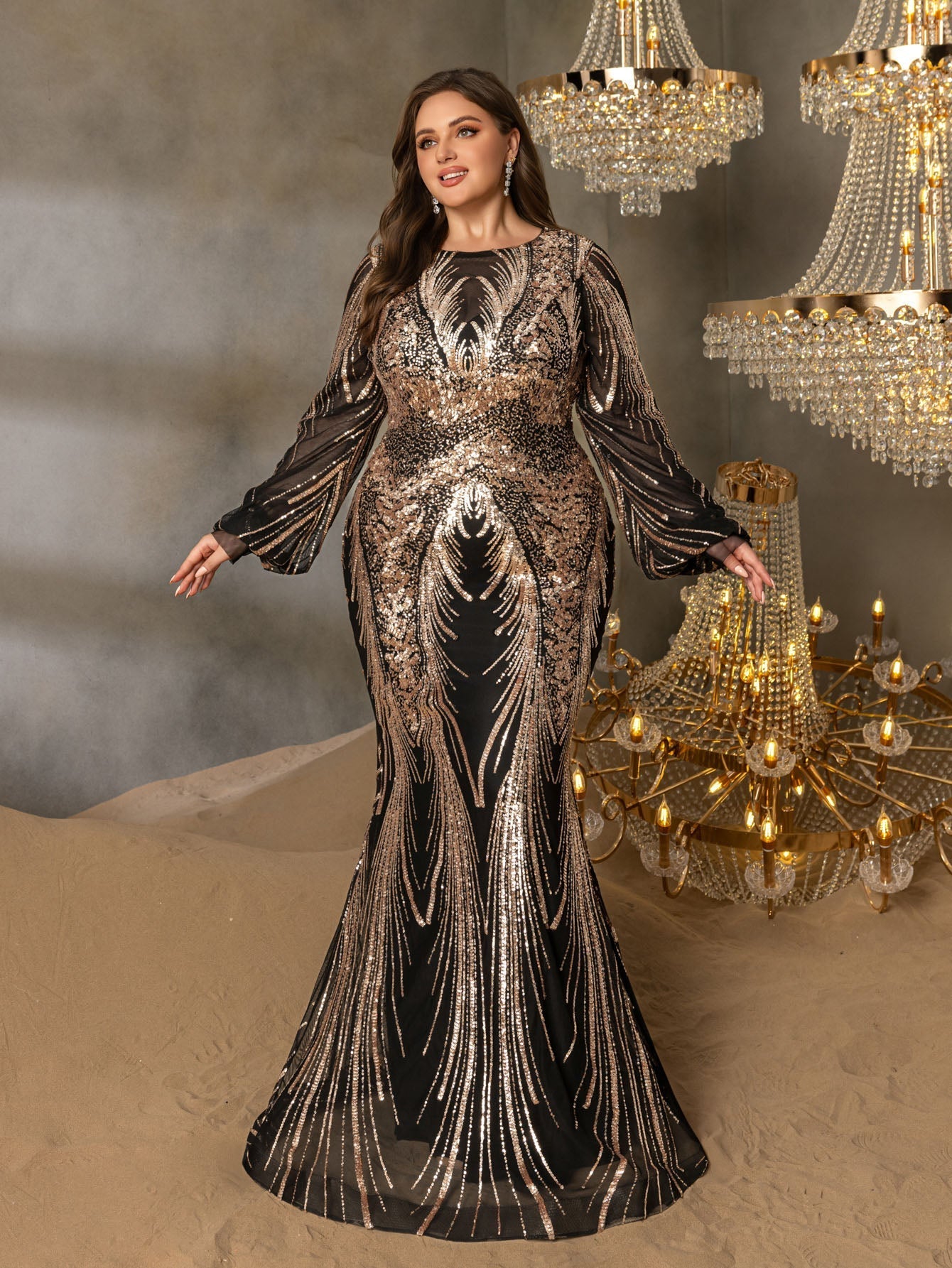 Plus Gorgeous Lantern Sleeves Mermaid Hem Graphic Sequin Evening Dress