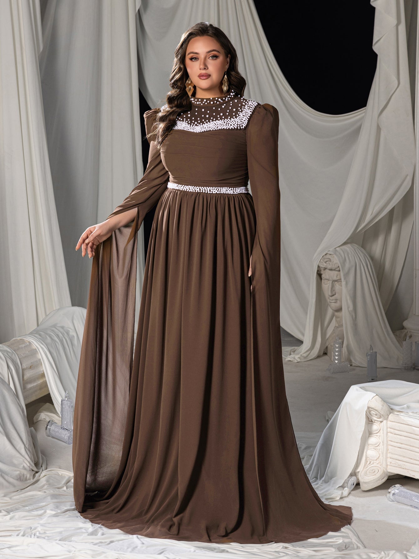 Plus Mock Neck Extra-Long Sleeves Chiffon Evening Gown with White Bead Accents