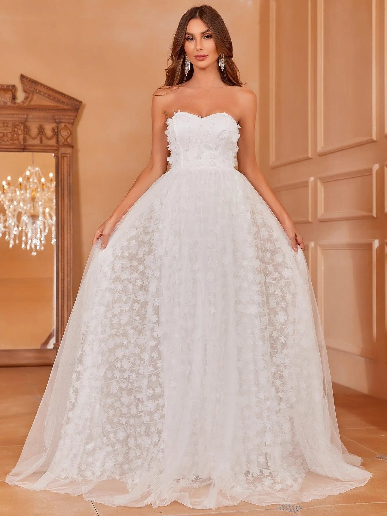 Mesh Overlay Floral Applique Tube Formal Dress, White / M Mesh Overlay Floral Applique Tube Formal Dress, White / M