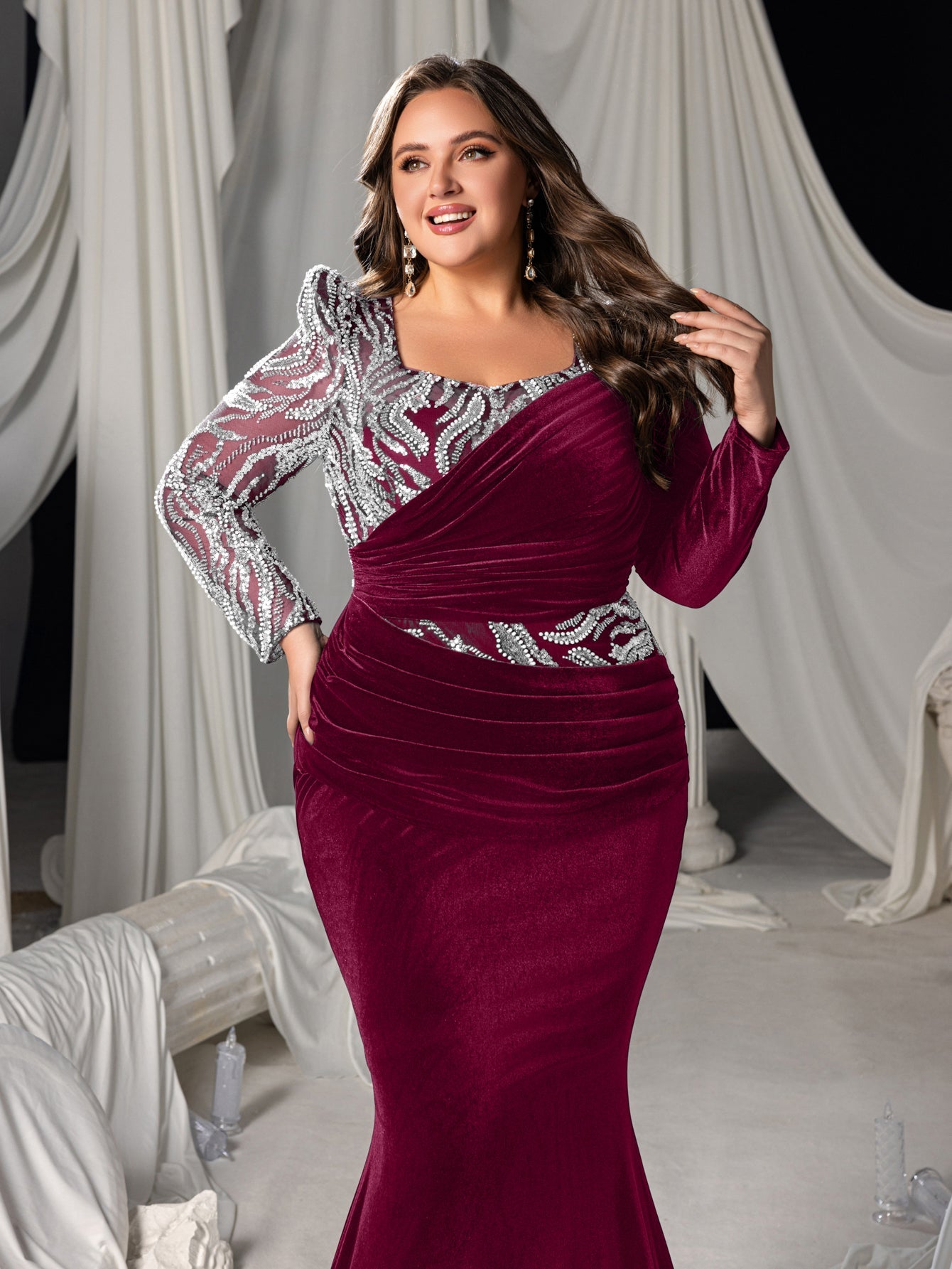 Plus Velvet Mermaid Gown with Sweetheart Neckline, Long Sleeves and Sequins Embroidery