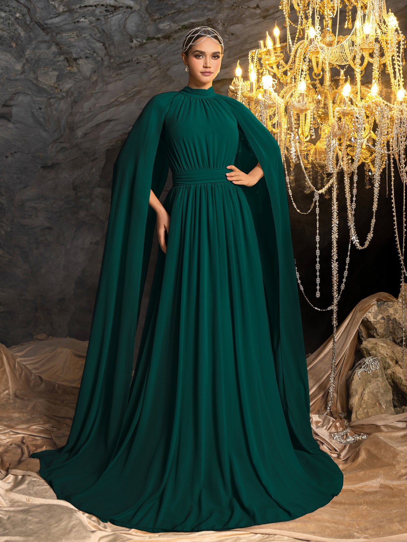 Elegant Mock Neck Cloak Sleeve Chiffon Formal Dress Dark Green / S Elegant Mock Neck Cloak Sleeve Chiffon Formal Dress Dark Green / S