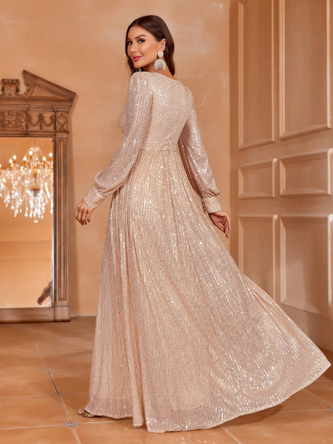 Elegant V Neck Lantern Sleeve Sequin A Line Dresses Grey / L Elegant V Neck Lantern Sleeve Sequin A Line Dresses Grey / L