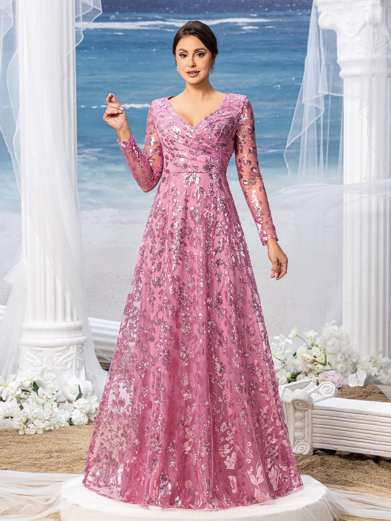 Womens' Elegant V-Neck Evening Gown with Delicate Lace & Silver Embroidery – Long Flowing Skirt for Seaside Weddings & Romantic Beach Events
