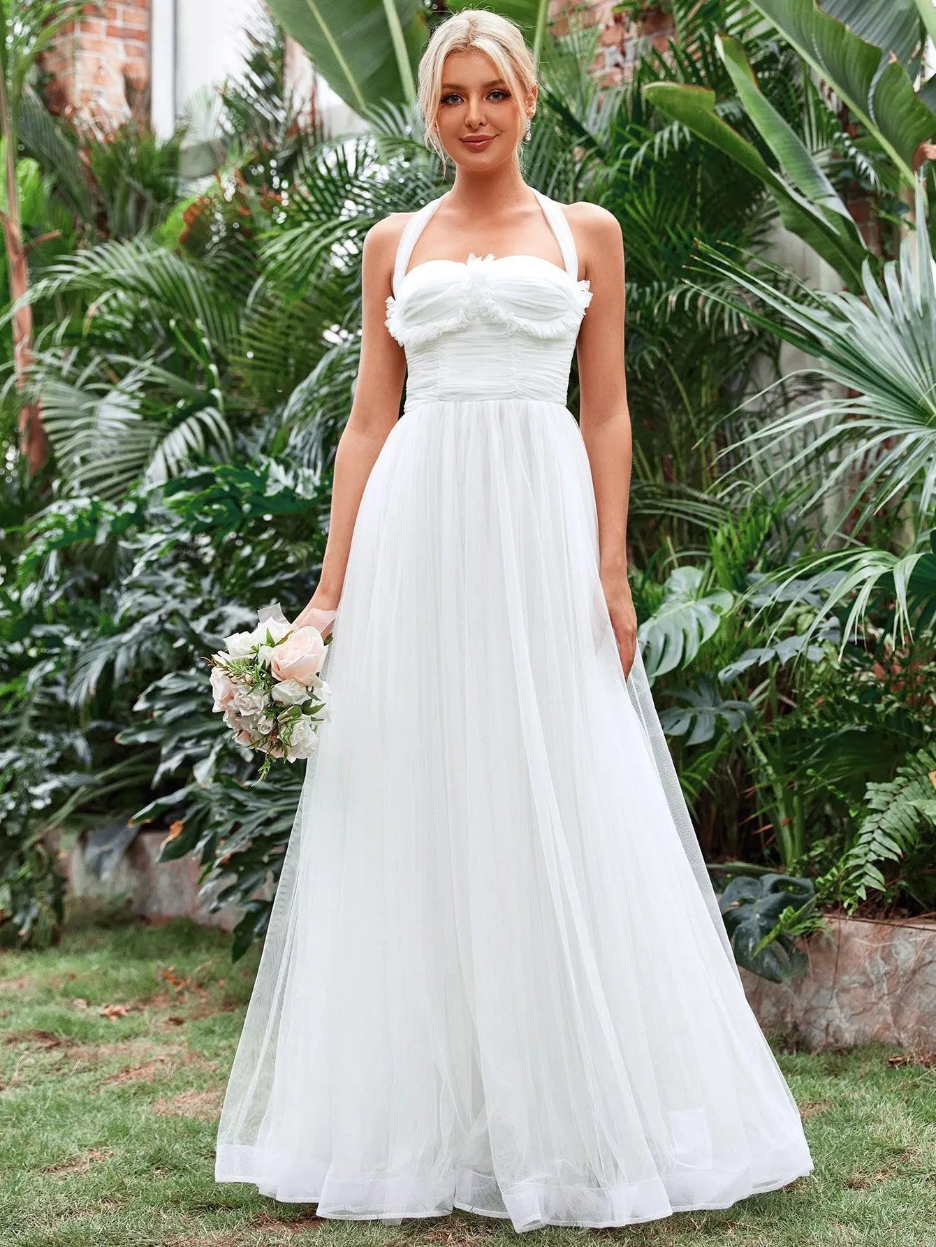 Halter Neck Applique Ruched Bustier Mesh Wedding Dress White / XL