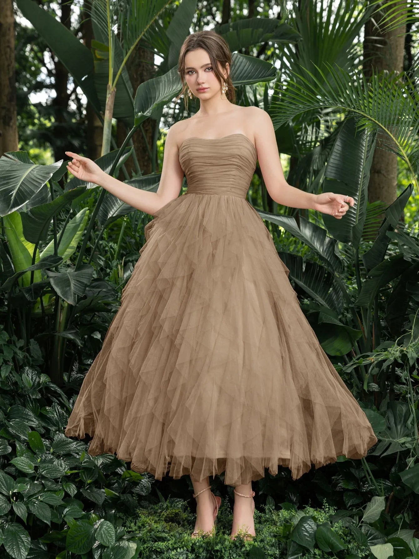 Midi Ruched Bustier Cascading Ruffle Hem Tulle Party Tube Dress Pink / L Midi Ruched Bustier Cascading Ruffle Hem Tulle Party Tube Dress Pink / L