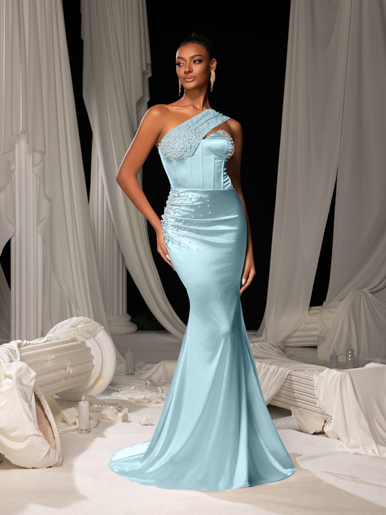 Elegant One Shoulder Mermaid Hem Satin Evening Dress with Pearl Accents