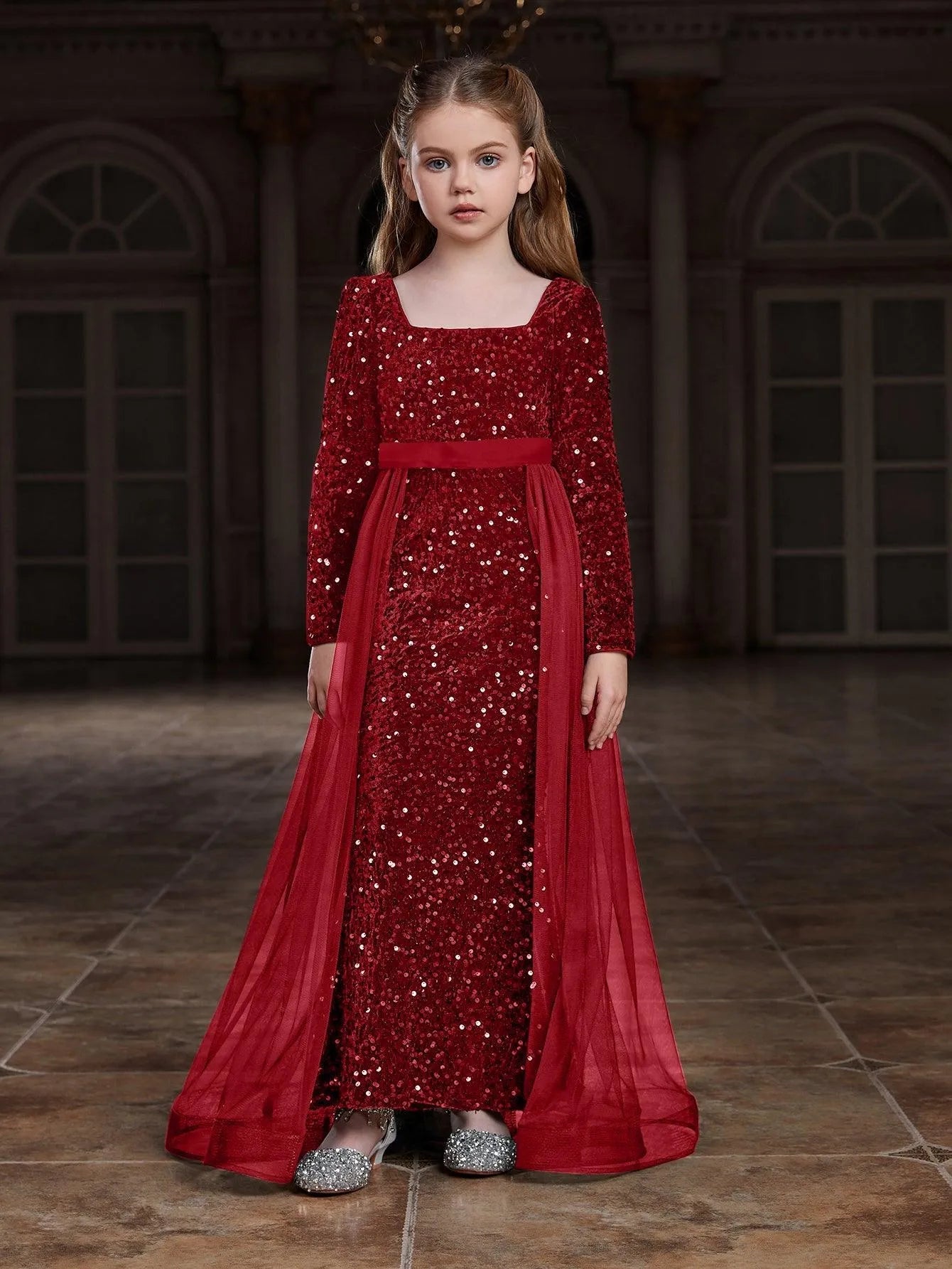 red long sleeve sequin dress Tween Girls' Square Collar Long Sleeves Sequin Mermaid Dress Red / 11Y