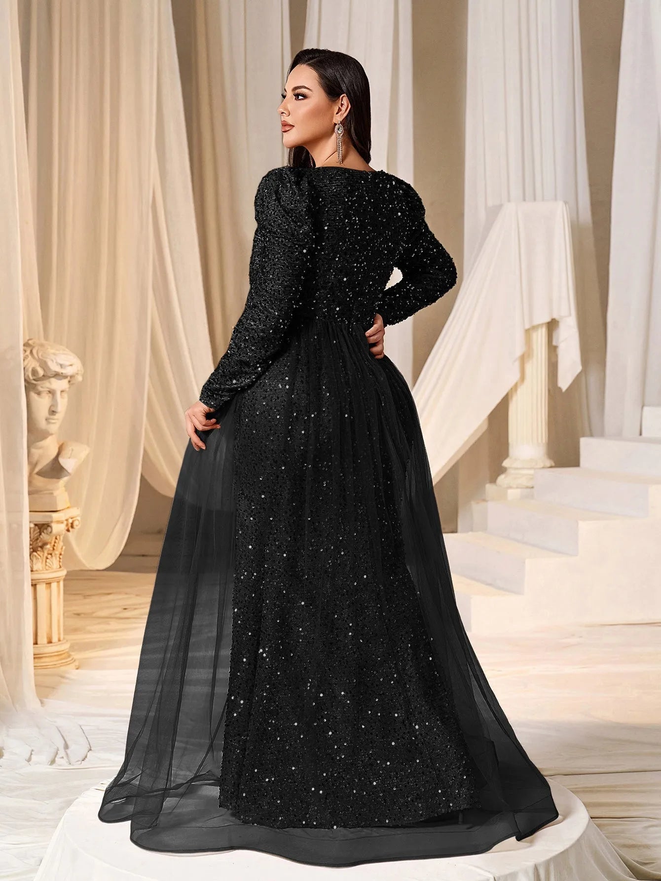 Plus Gigot Sleeves Split Mermaid Hem Sequin Formal Dress Black / 4XL Plus Gigot Sleeves Split Mermaid Hem Sequin Formal Dress Black / 4XL