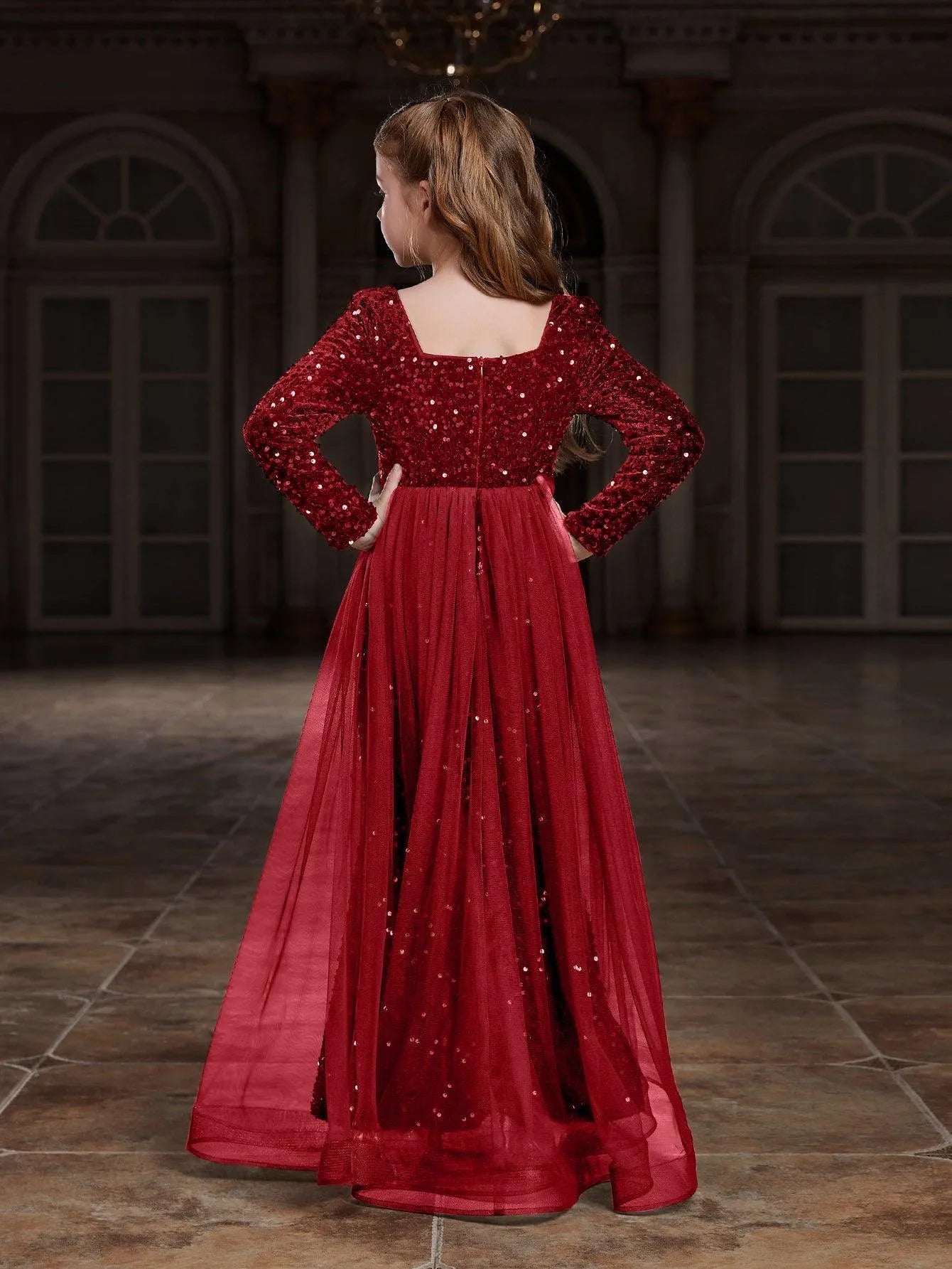 Tween Girls' Square Collar Long Sleeves Sequin Mermaid Dress Red / 11Y Tween Girls' Square Collar Long Sleeves Sequin Mermaid Dress Red / 11Y