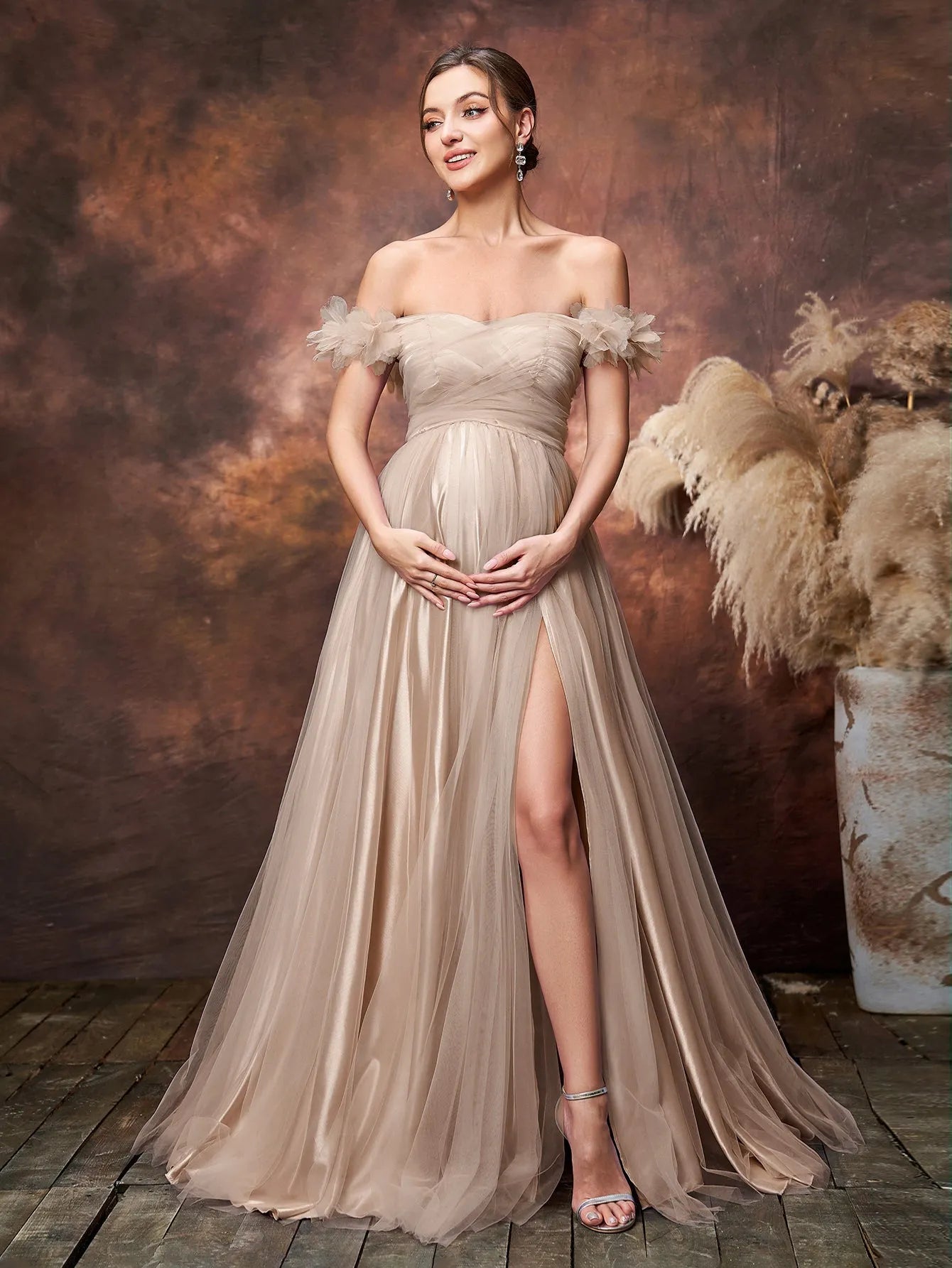 maternity off shoulder dress Maternity Off Shoulder Ruched Front Split Mesh Party Dress – Faeriesty