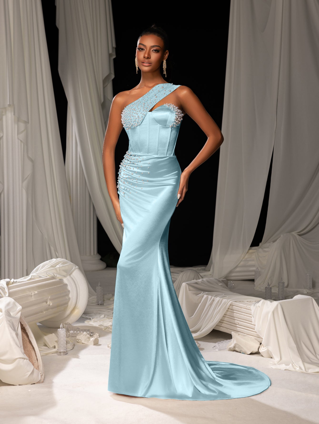 Elegant One Shoulder Mermaid Hem Satin Evening Dress with Pearl Accents