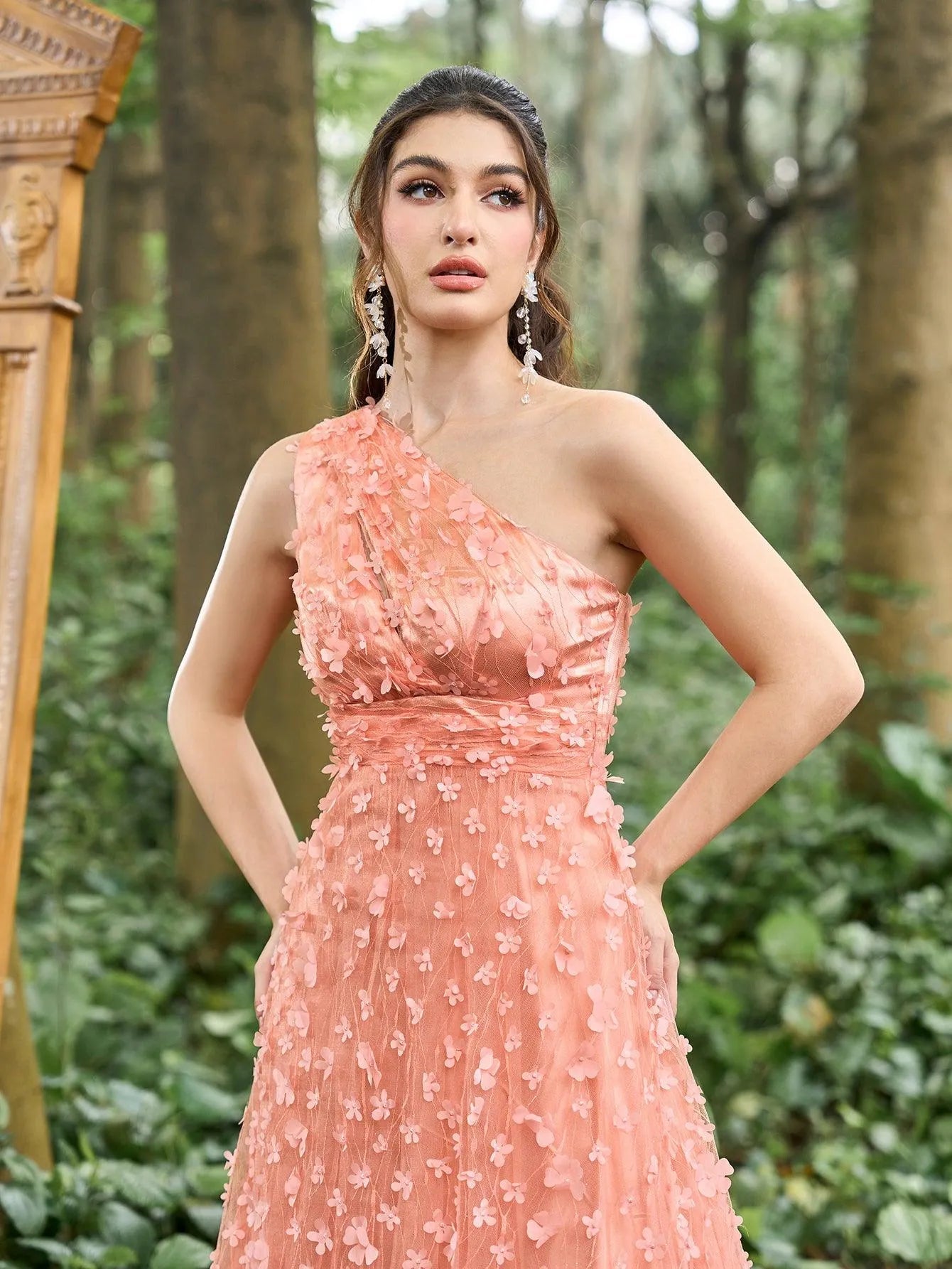 Elegant One Shoulder Lace-Up Back Floral Applique Prom Dress Pink / XL Elegant One Shoulder Lace-Up Back Floral Applique Prom Dress Pink / XL