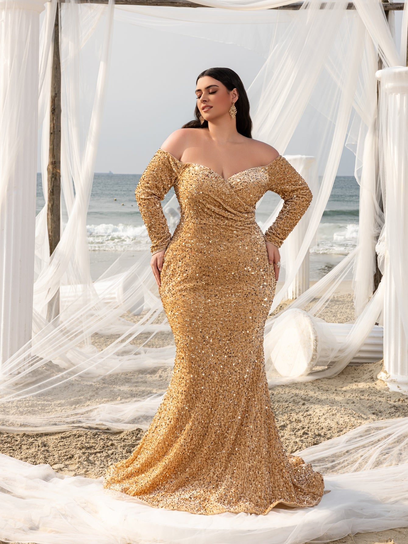 Plus Elegant Off Shoulder Lone Sleeves Mermaid Hem Sequin Evening Dress