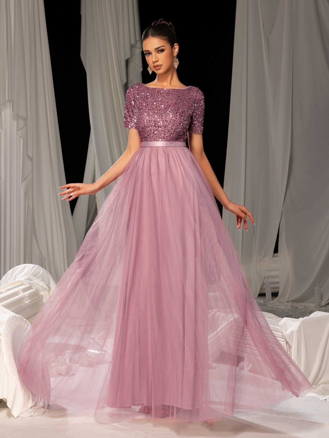 Elegant Tulle Party Dress with Sequin Top & Tulle Skirt Luxury Even Mauve / S Elegant Tulle Party Dress with Sequin Top & Tulle Skirt Luxury Even Mauve / S