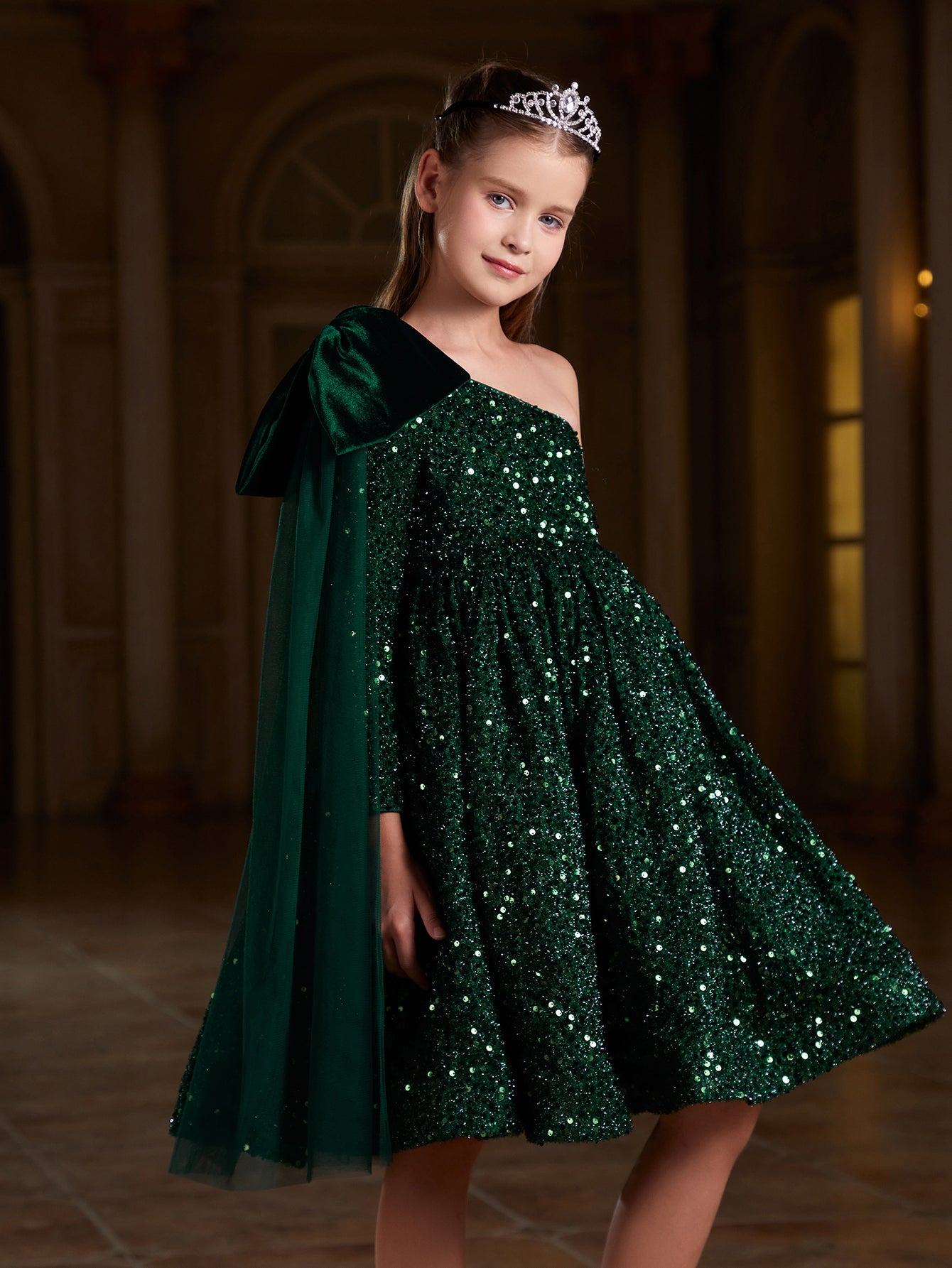 Girl's One Shoulder Bow Detail Sequin Party Dress