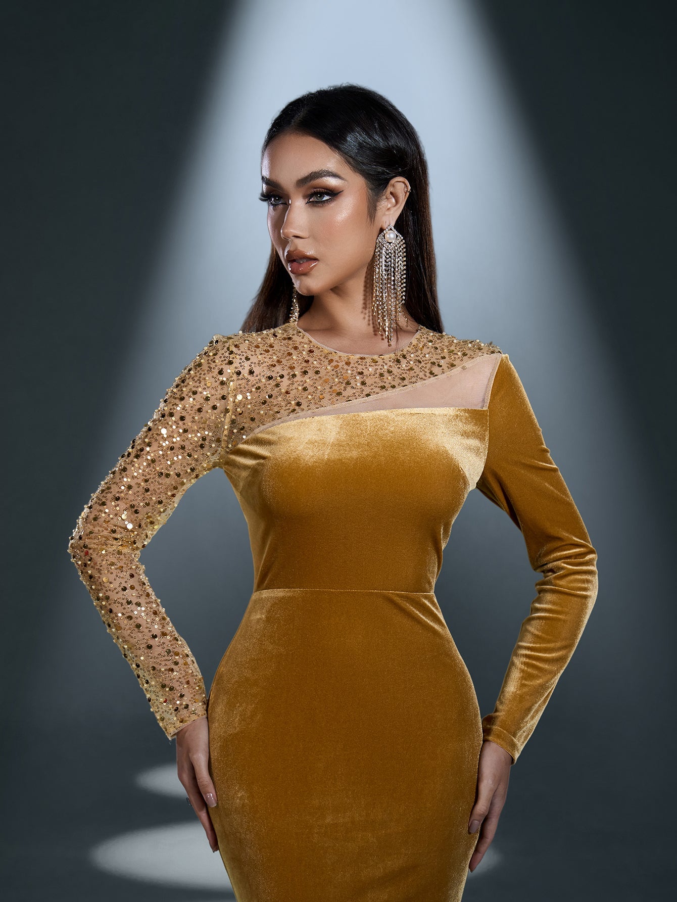 Elegant Asymmetrical Neck Contrast Sequin Mermaid Hem Velvet Evening Dress