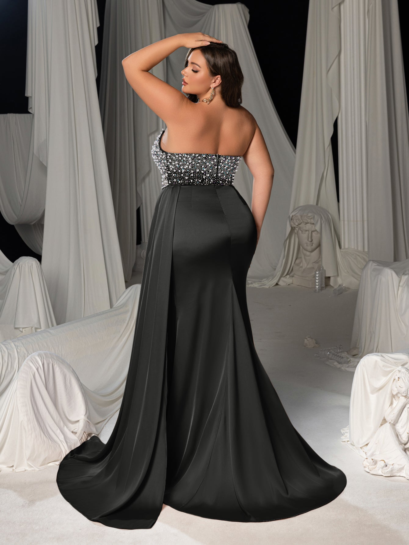 Plus Size Luxury Strapless Sequin Bodice Evening Dress with High Slit
