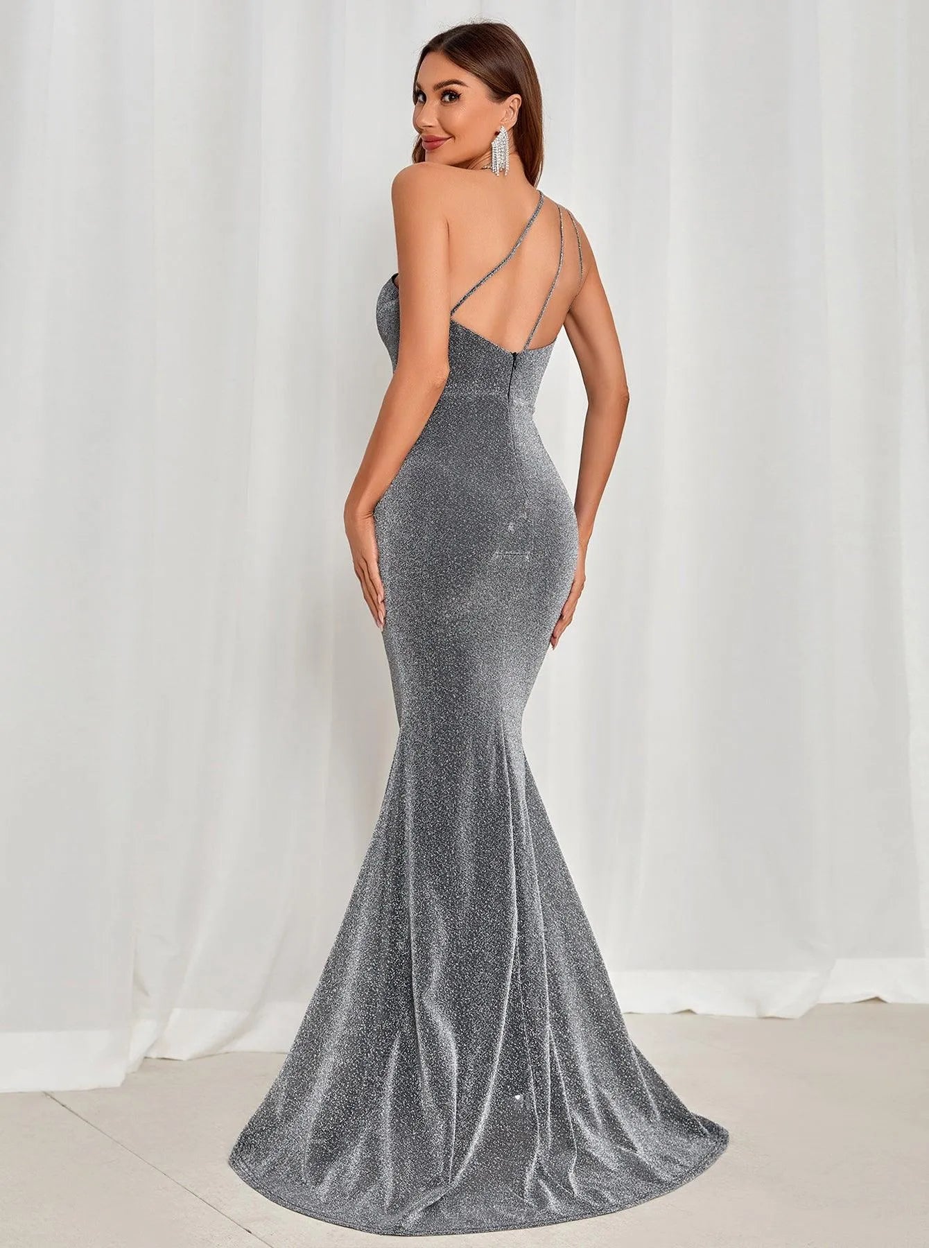 One Shoulder Backless Mermaid Hem Glitter Dress Grey / XS One Shoulder Backless Mermaid Hem Glitter Dress Grey / XS