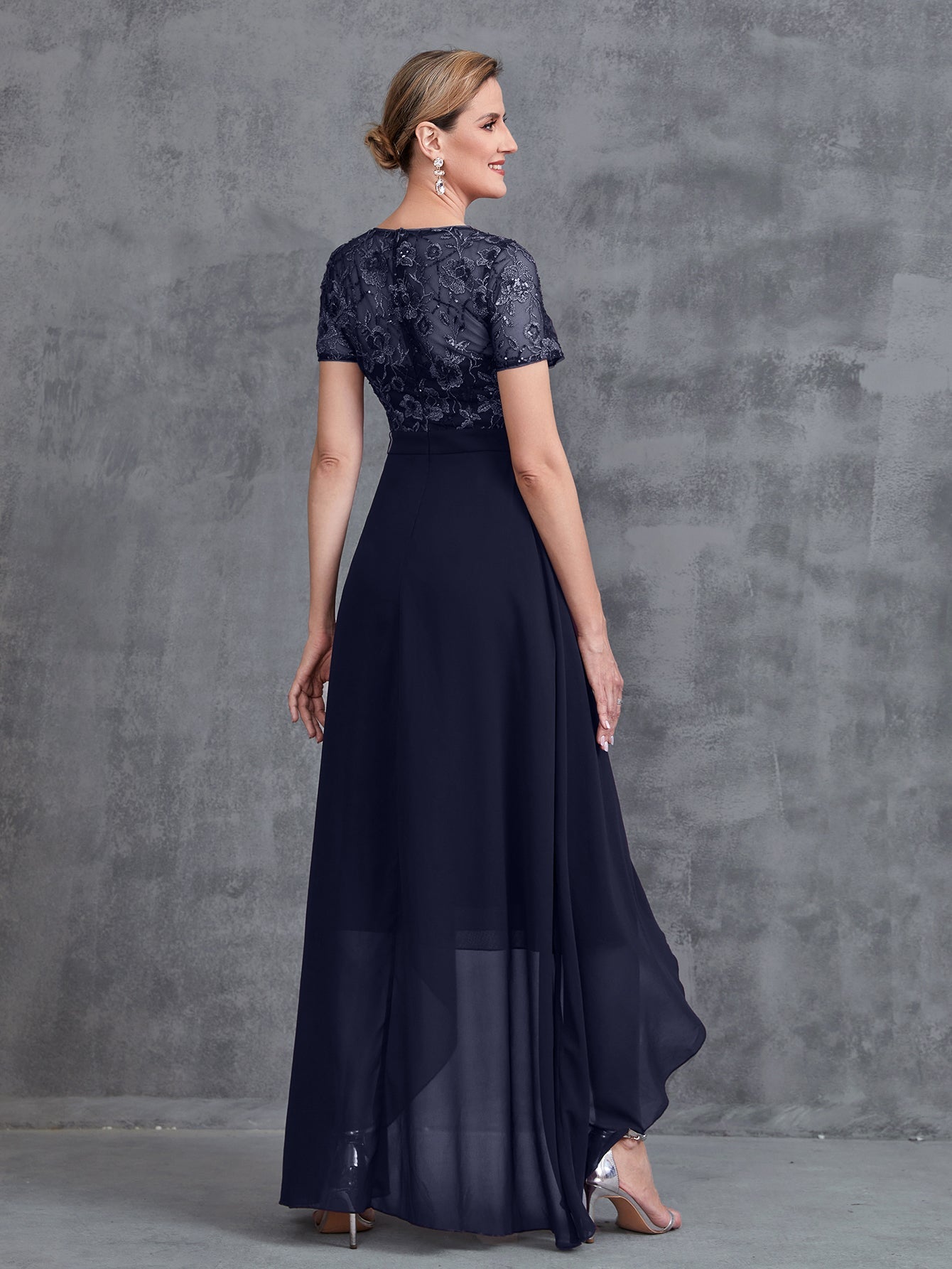 Womens' Elegant Mother-of-the-Bride Gown: Embroidered Sequin Bodice with Asymmetric Chiffon Skirt – Formal Dress for Beach Weddings & Evening Galas