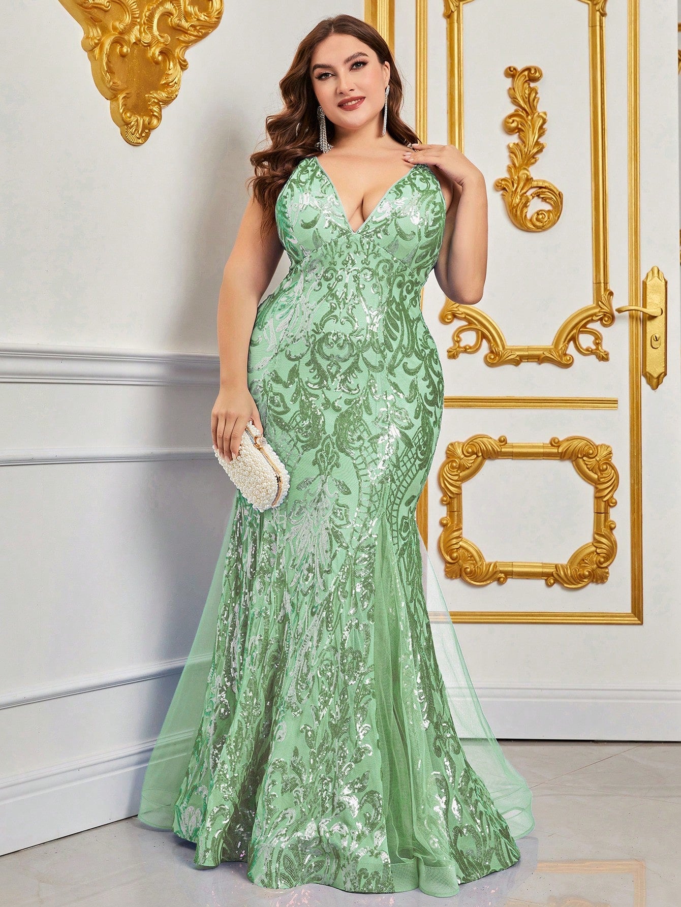 Plus Size Back Lace Up Sequin Mermaid Dress Champagne / 5XL Plus Size Back Lace Up Sequin Mermaid Dress Champagne / 5XL