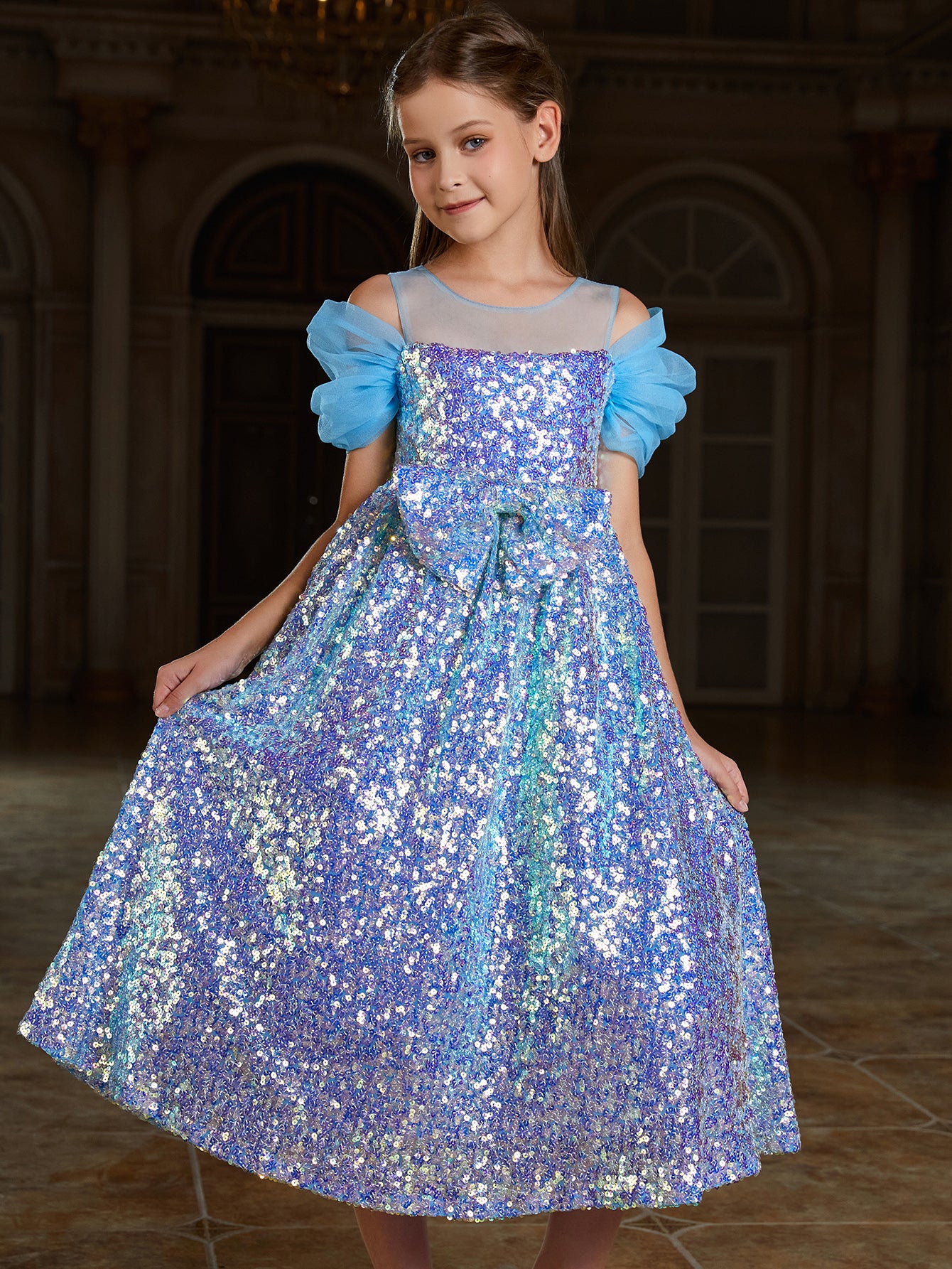Girl's Bow Front Sequin A Line Dress