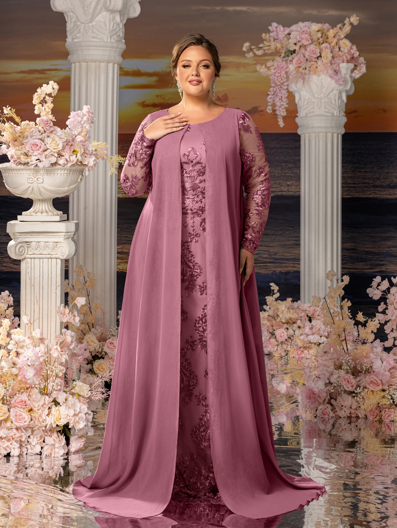 Plus Womens' Elegant Lace Mermaid Gown - Sheer Sleeves & Intricate Lace Patterns with Chiffon Overlay for Beach Weddings, Romantic Coastal Events