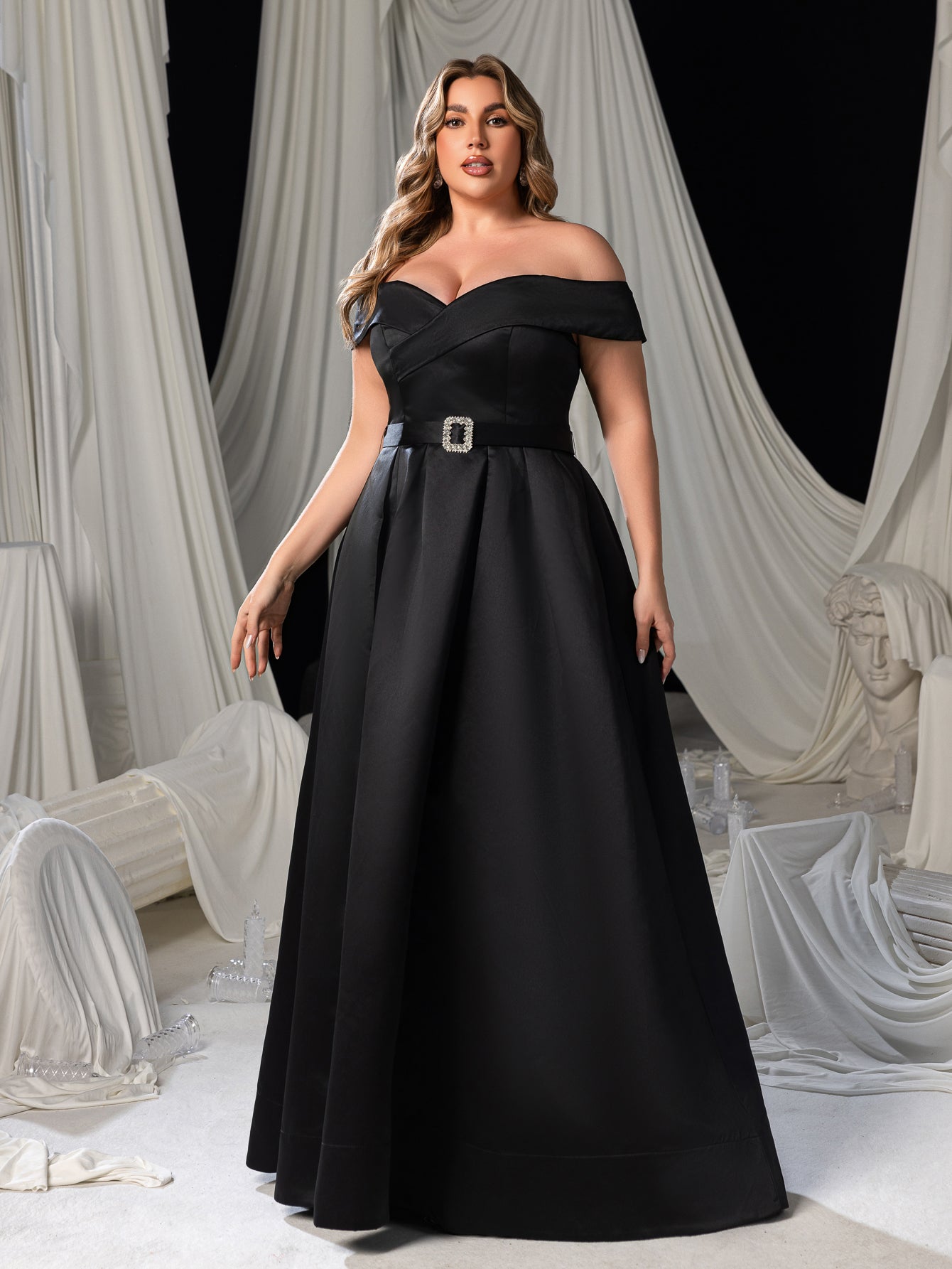 Plus Off Shoulder Buckle Belted Satin Ball Gown