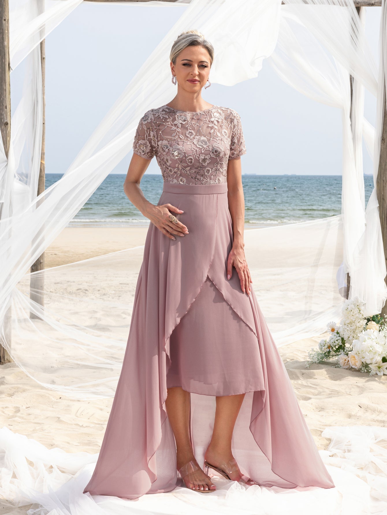 Womens' Elegant Mother-of-the-Bride Gown: Embroidered Sequin Bodice with Asymmetric Chiffon Skirt – Formal Dress for Beach Weddings & Evening Galas