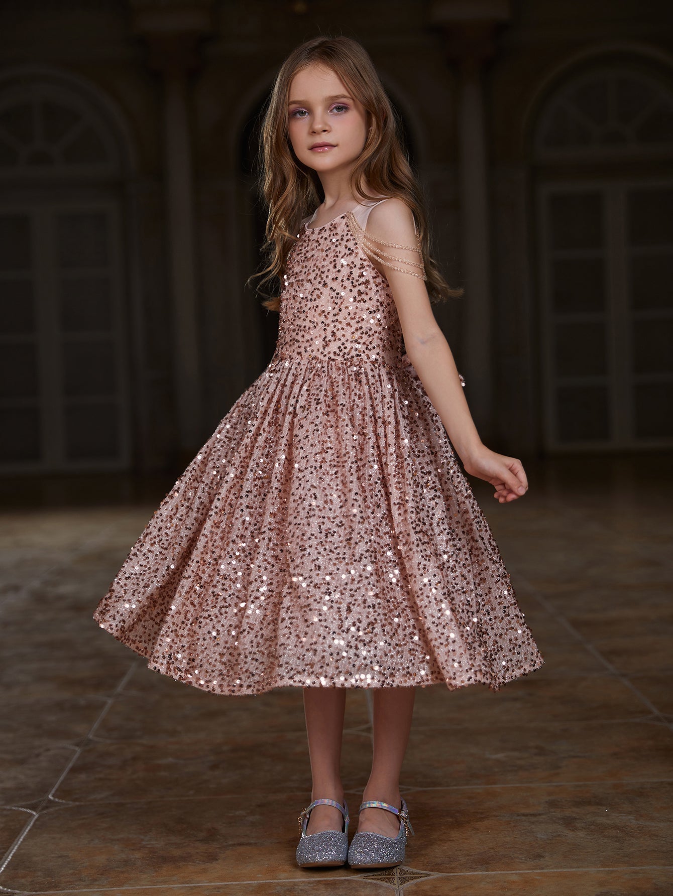Girl's Chain Detail Sequin Midi Party Dress