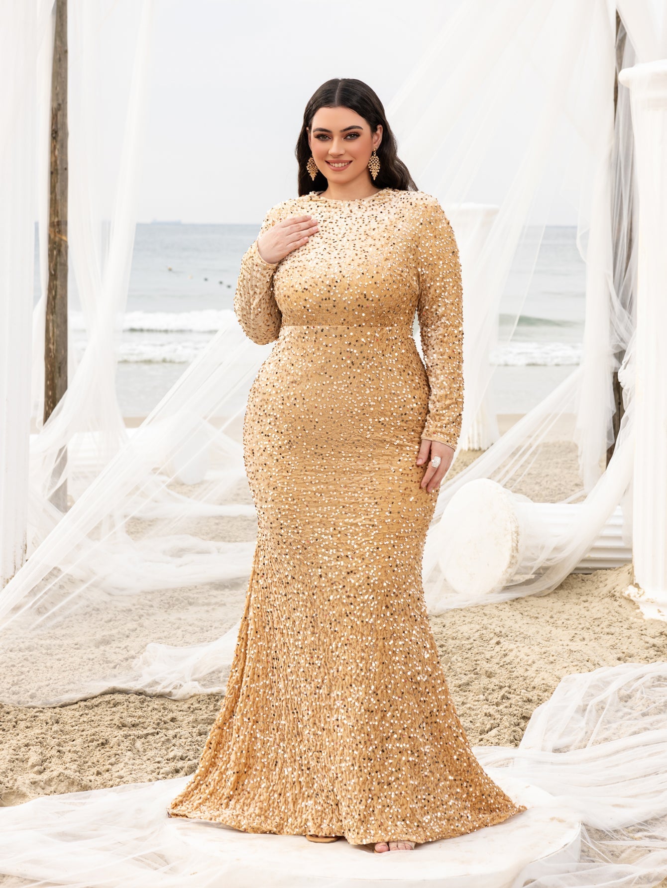 Plus Elegant Maxi Sequin Evening Gown with Mock Neck, Long Sleeves, and Mermaid Fishtail Skirt