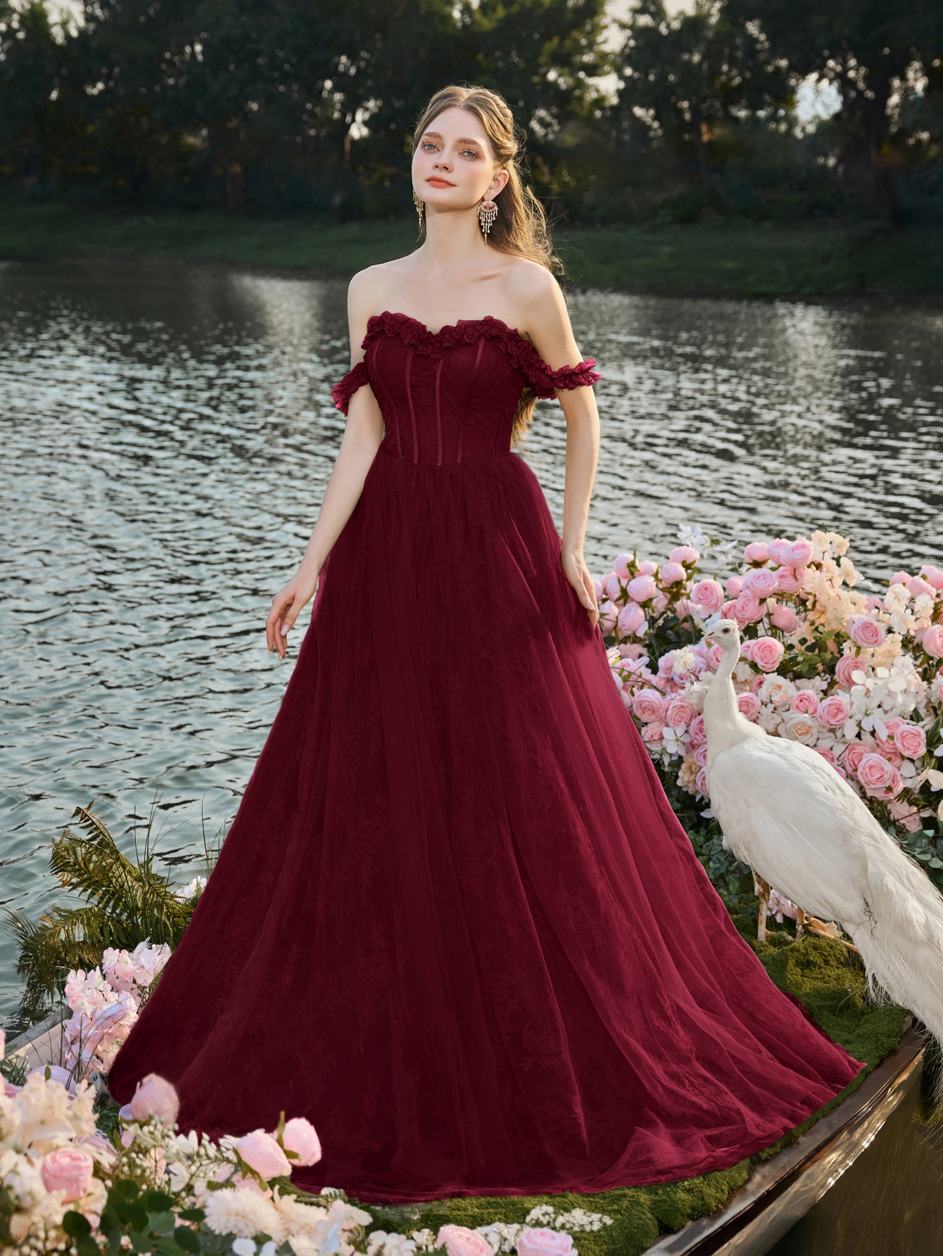 Elegant Off Shoulder Lace Bodice Contrast Tulle Hem Wedding  Dress