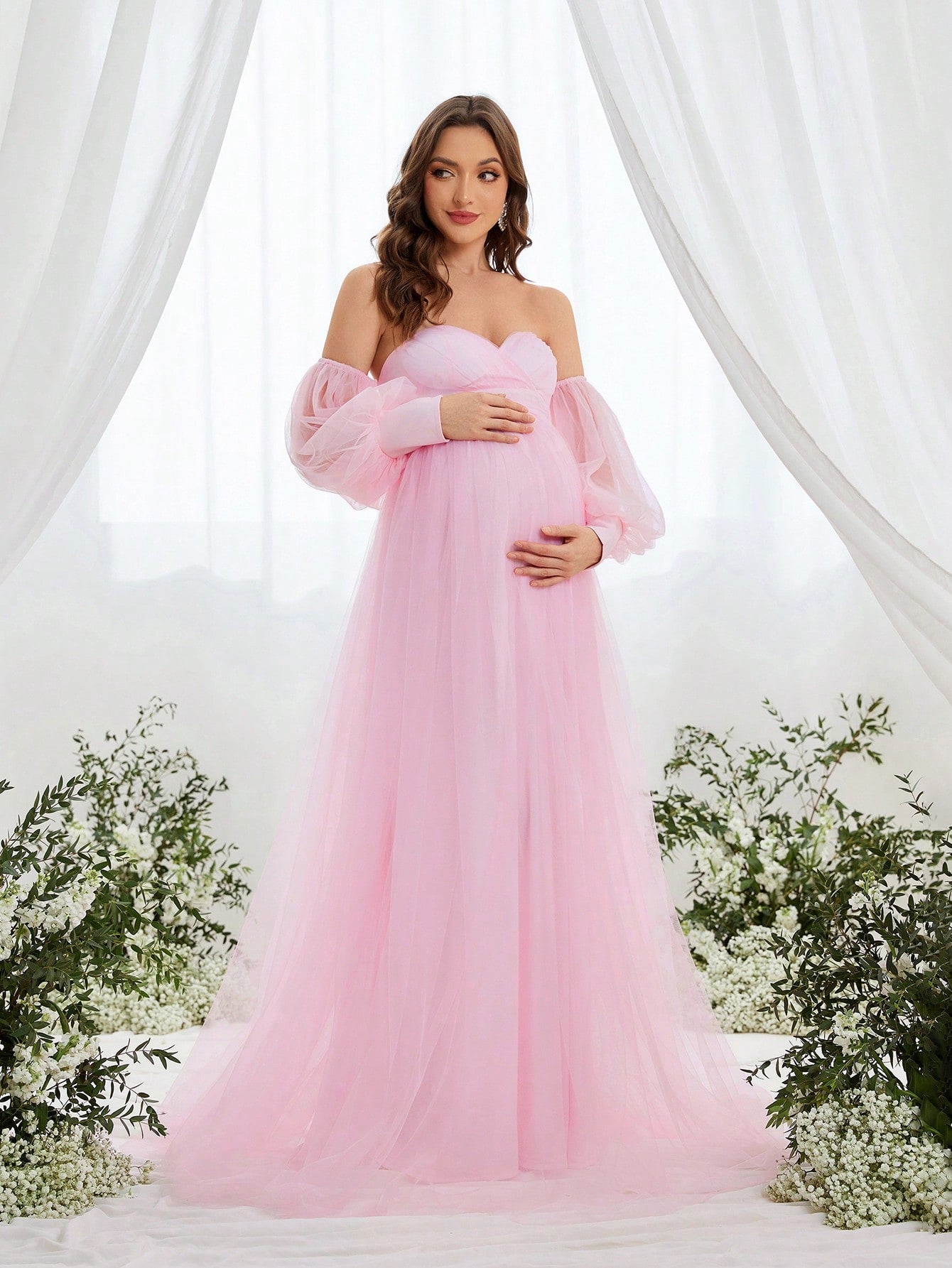 Maternity Off-Shoulder Evening Gown with Puff Sleeves – Flowy Tulle D Pink / L