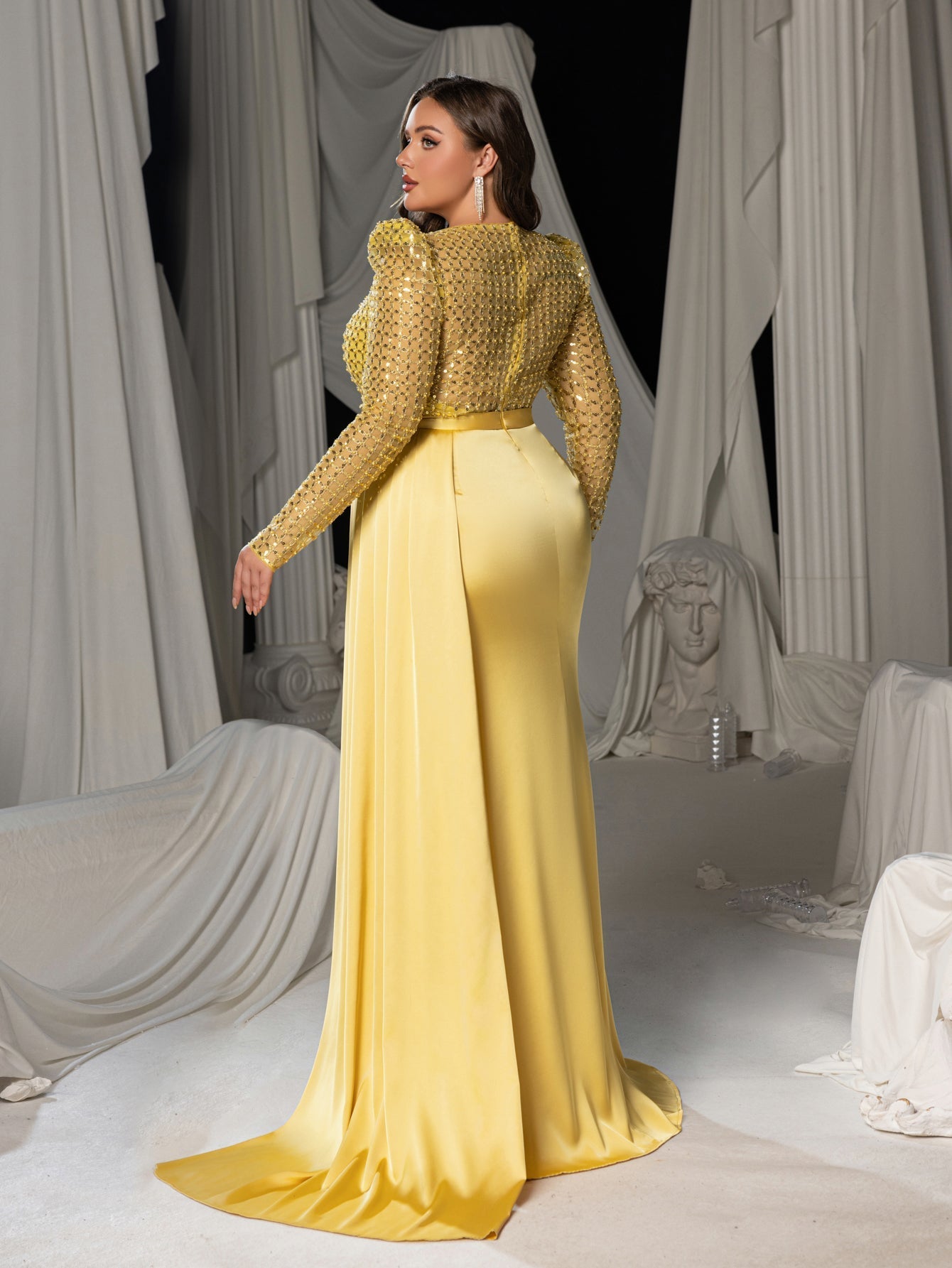 Plus Sequin Long Sleeve V-Neck Formal Dress, Satin Mermaid Train Evening Gown