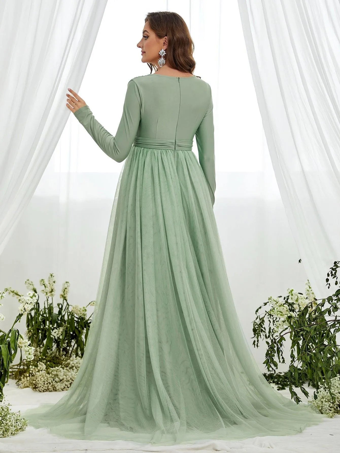 Maternity Plunging Neck Long Sleeve Contrast Mesh Formal Dress Green / L Maternity Plunging Neck Long Sleeve Contrast Mesh Formal Dress Green / L
