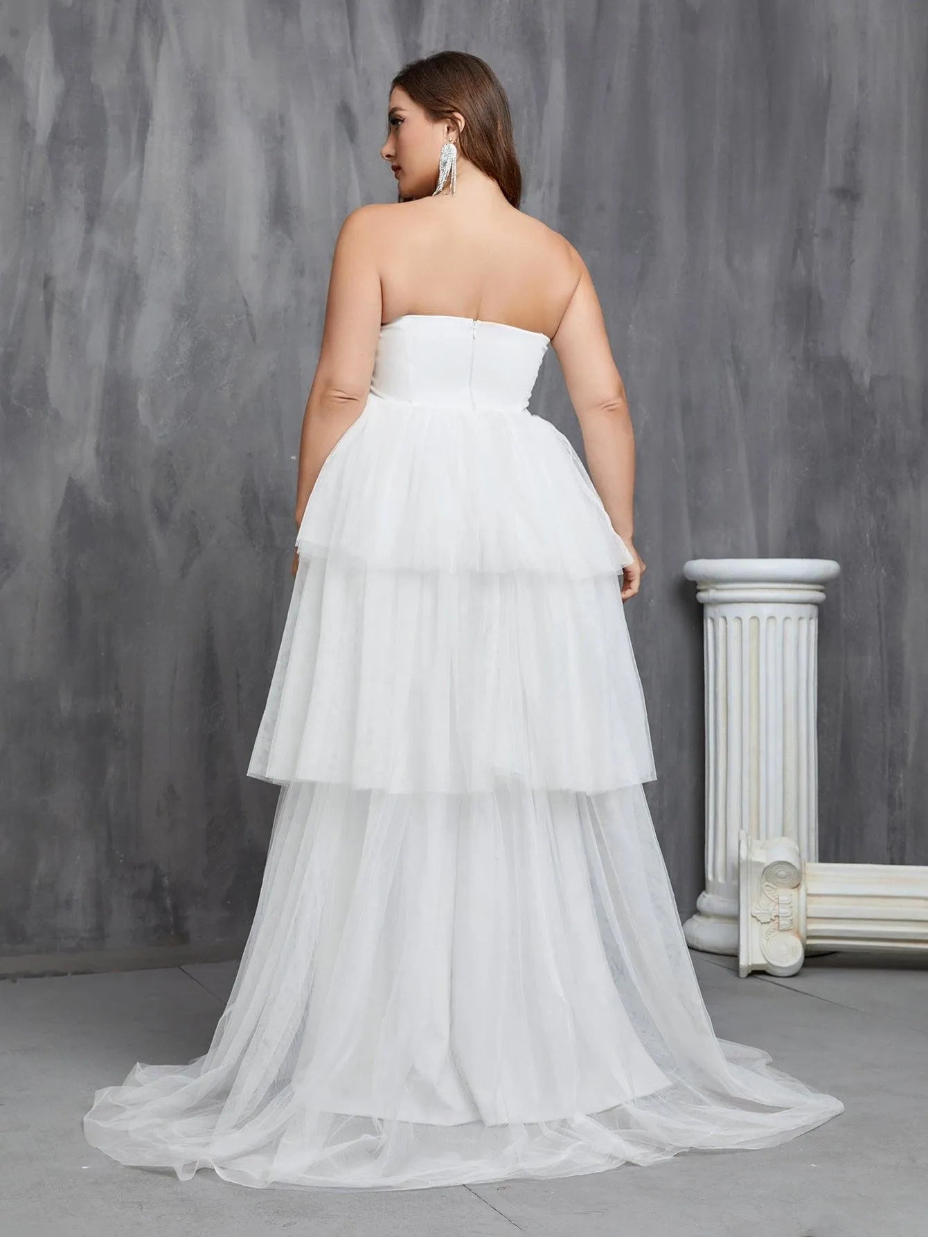 Plus Mesh Overlay Mermaid Hem Tube Wedding Dress White / 3XL Plus Mesh Overlay Mermaid Hem Tube Wedding Dress White / 3XL