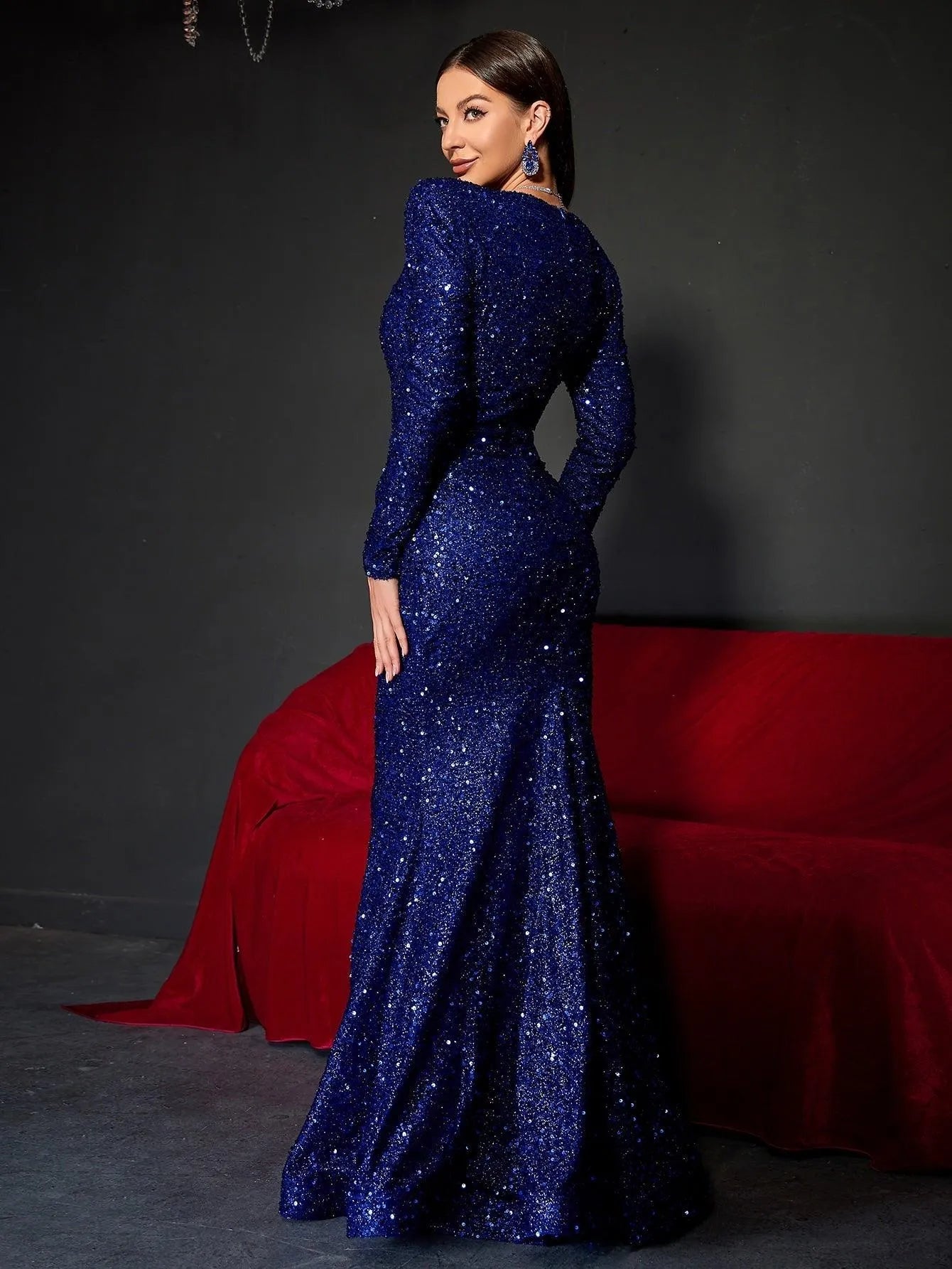 Plunging Neck Long Sleeve Sequin Mermaid Dresses Dark Green / S Plunging Neck Long Sleeve Sequin Mermaid Dresses Dark Green / S