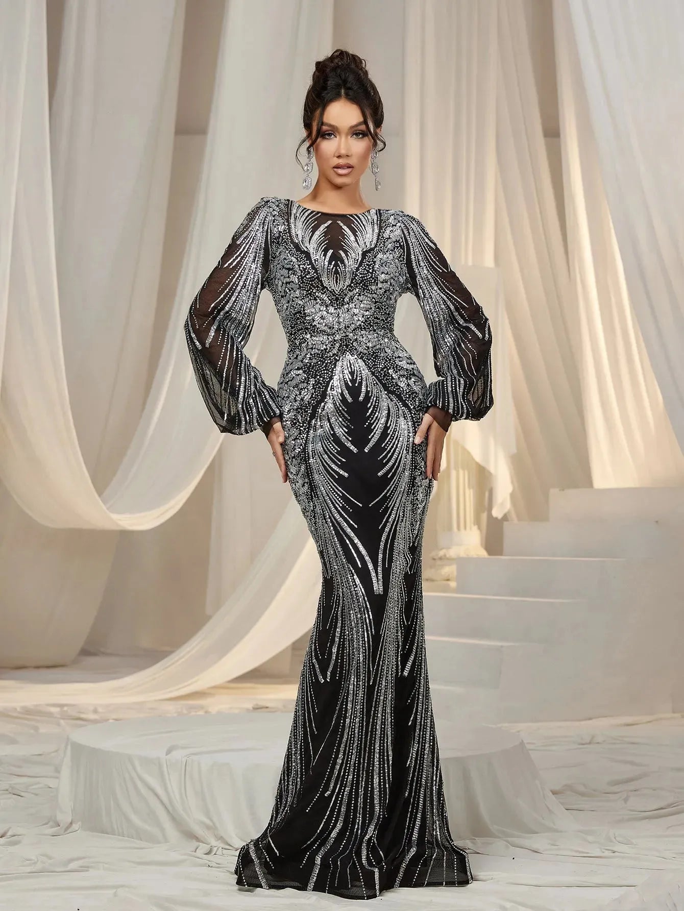 graphic sequin dress Gorgeous Graphic Sequin Sheer Overlay Mermaid Hem Evening Dress Curvepretty