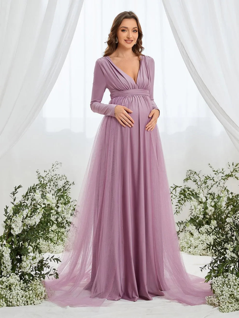Maternity Plunging Neck Long Sleeve Contrast Mesh Formal Dress Faeriesty Maternity Plunging Neck Long Sleeve Contrast Mesh Formal Dress Faeriesty